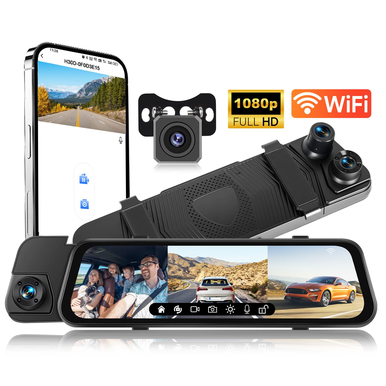 Hikity 9,66 Zoll 1080P Dashcam mit 3 Linsen, Wi-Fi, Touchscreen & G-Sensors Dashcam (HD, mit Rückkamera, Schwerkraftsensor)