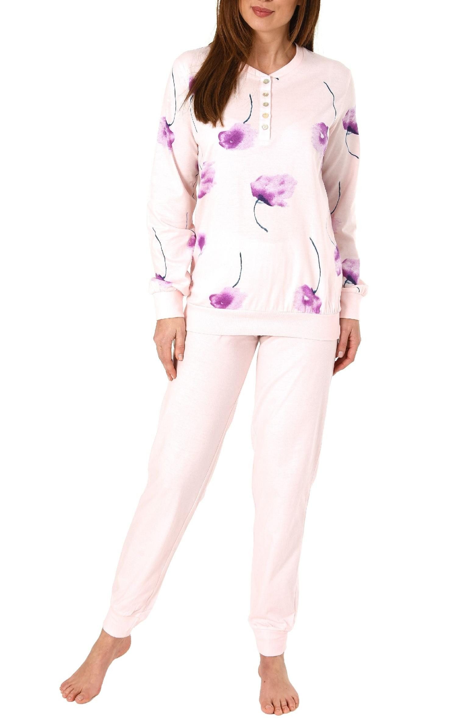 Pyjama Damen Schlafanzug langarm mit Bündchen und Blumenprint - 291 193