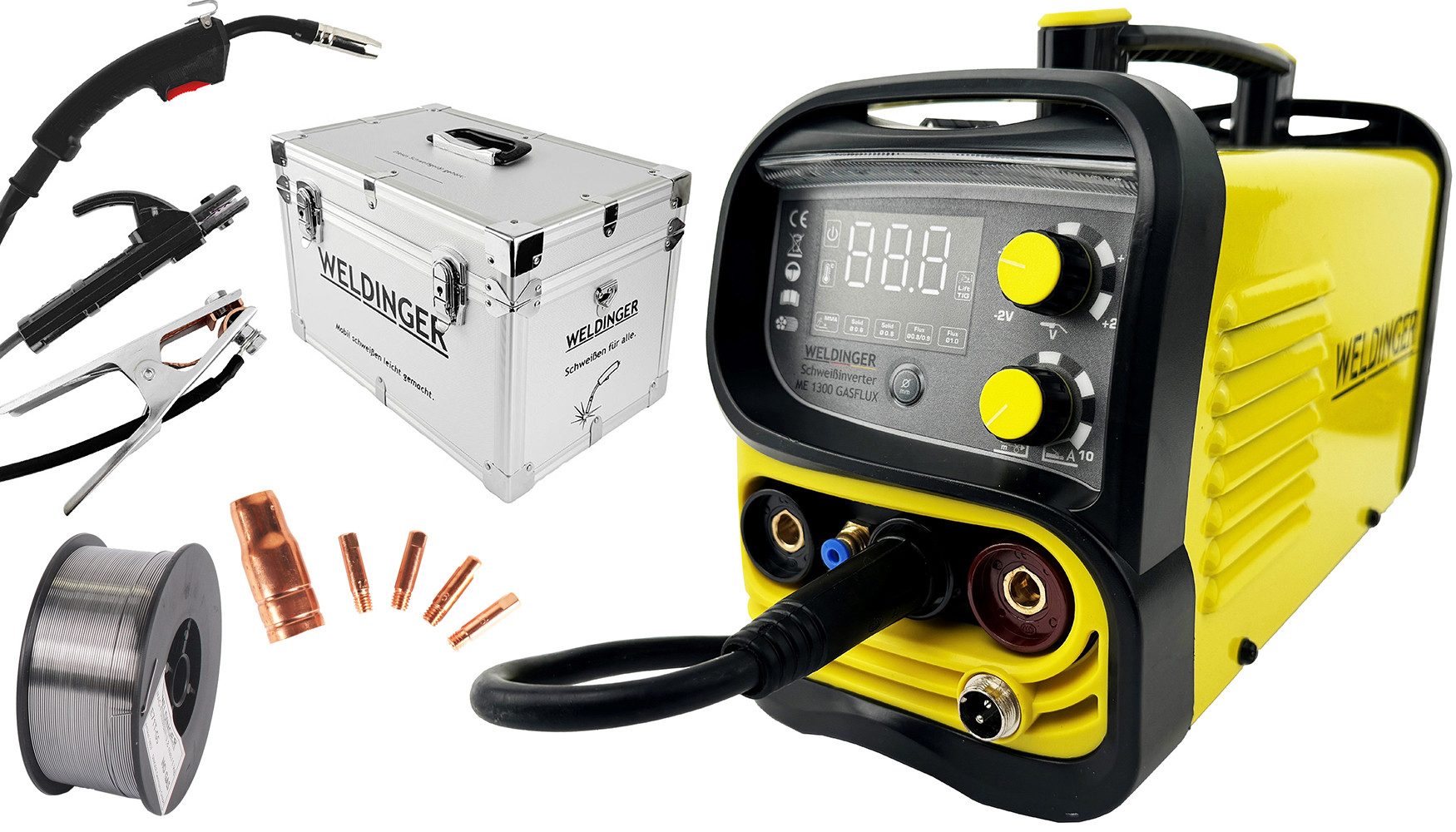 WELDINGER Fülldrahtschweißgerät ME 1300 GASFLUX + Koffer + Fülldraht + Düsensatz (auch für Schutzgas), 20 - 130 A, 11-tlg., Schutzgasanschluss, Umpolkabel, inkl. Fülldraht