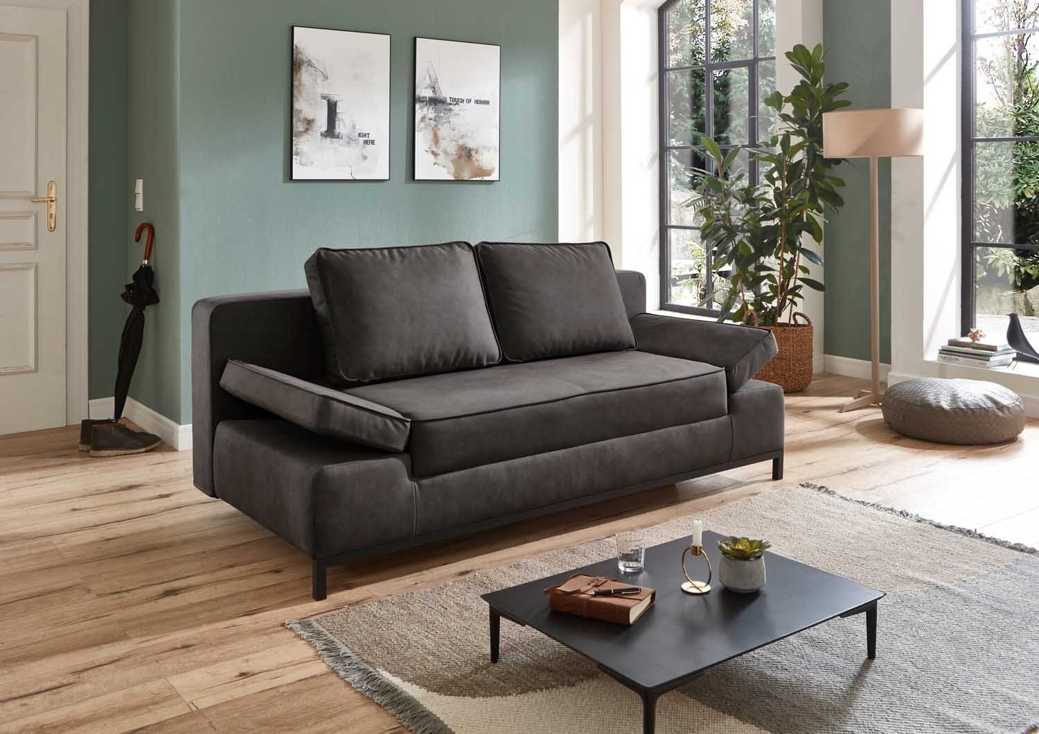 Sofa JARNY, Stoffbezug, Anthrazit, Schlaffunktion, mit Bettkasten und Kissen