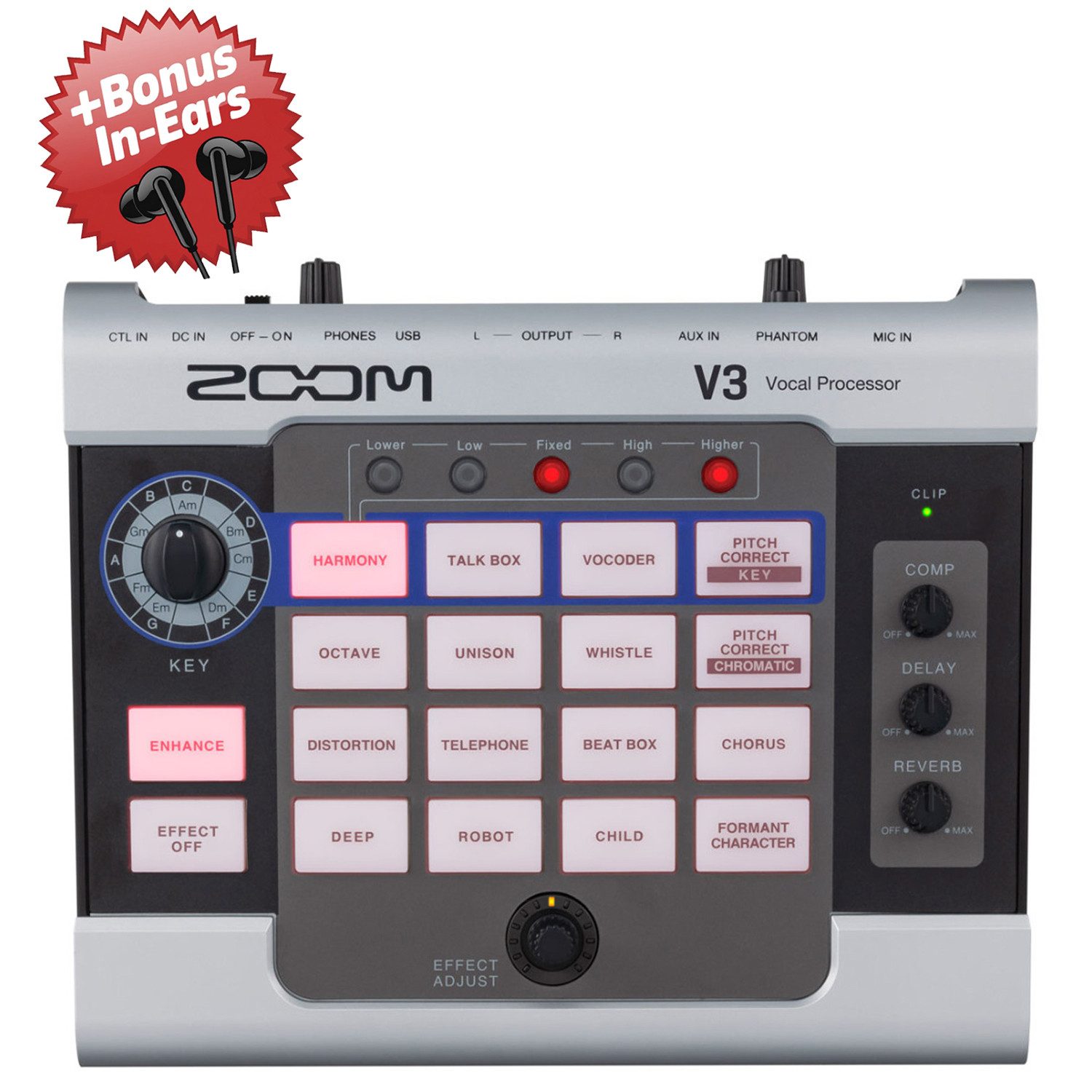 Zoom Audio Zoom V3 Vocal Processor Gesangs-Effektgerät + Bonus In-Ear Kopfhörer Digitales Aufnahmegerät (Effektgerät)