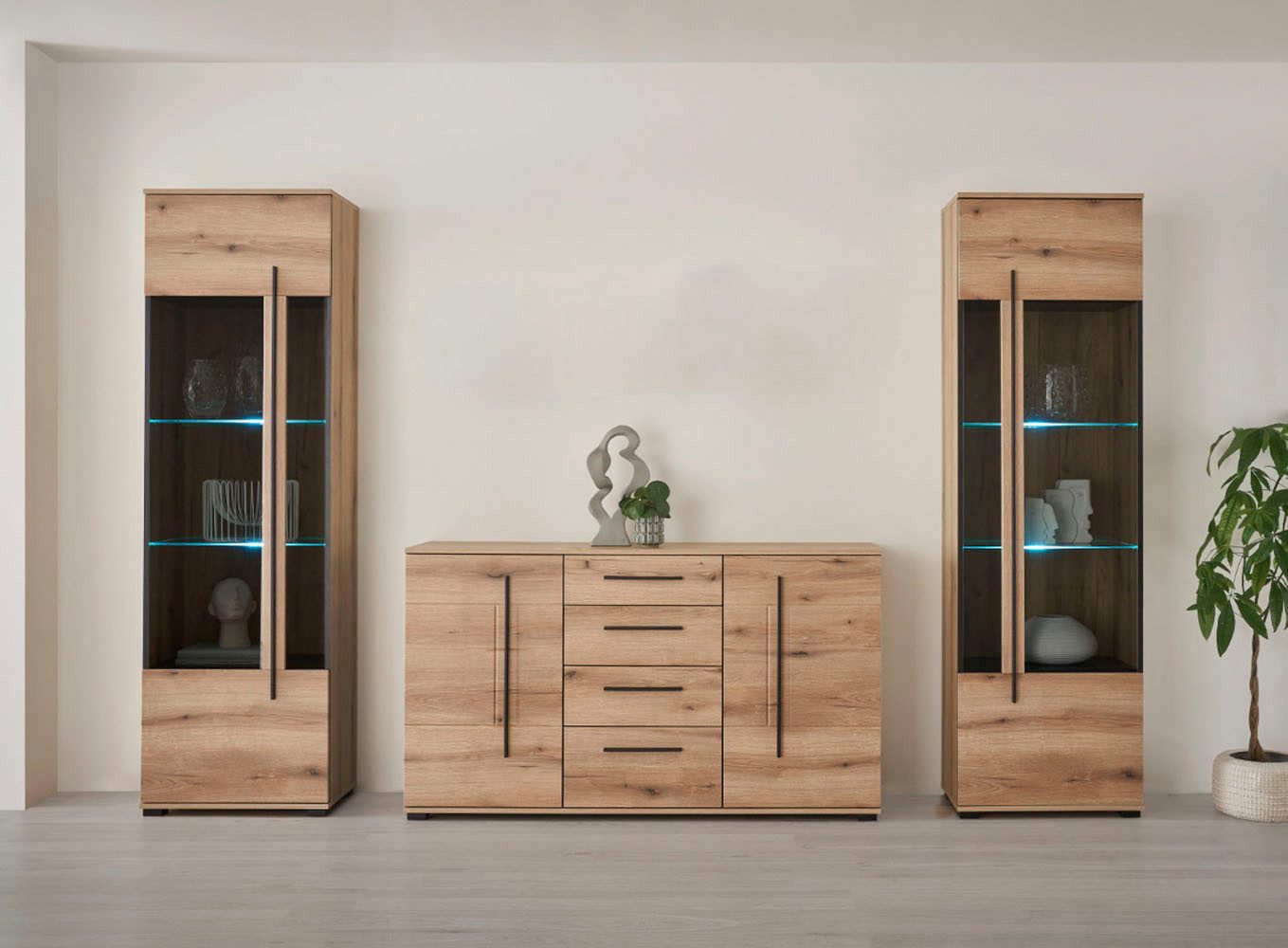 Home affaire Wohnwand Cantara, moderne Anbauwand, Wohnzimmer-Set, in Eiche Evoke oder Weiß, (Set), enthält zwei Vitrinen und ein Sideboard