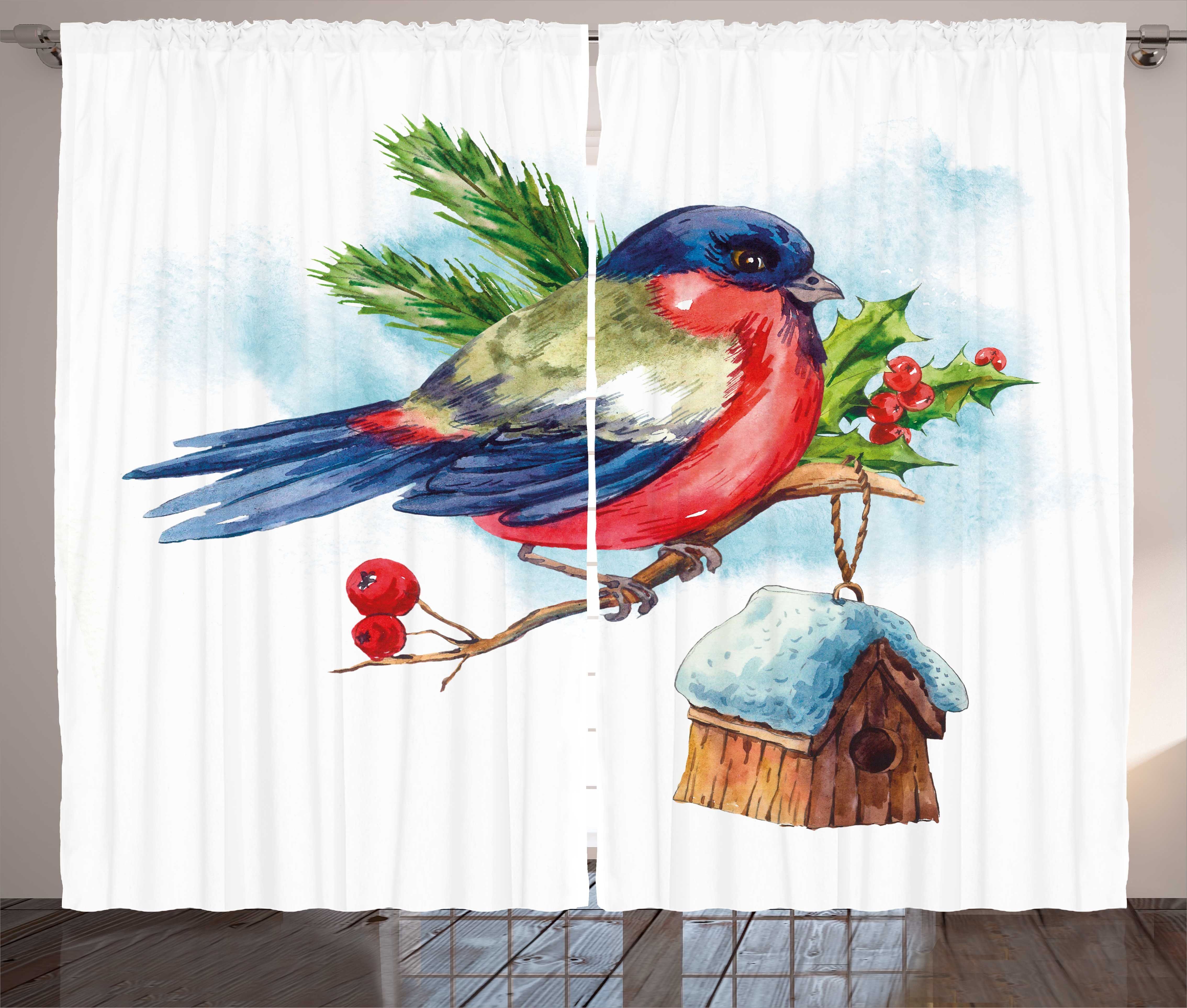 Gardine Schlafzimmer Kräuselband Vorhang mit Haken, und Pine Holly Schlaufen Eberesche Weihnachtsvogel Abakuhaus