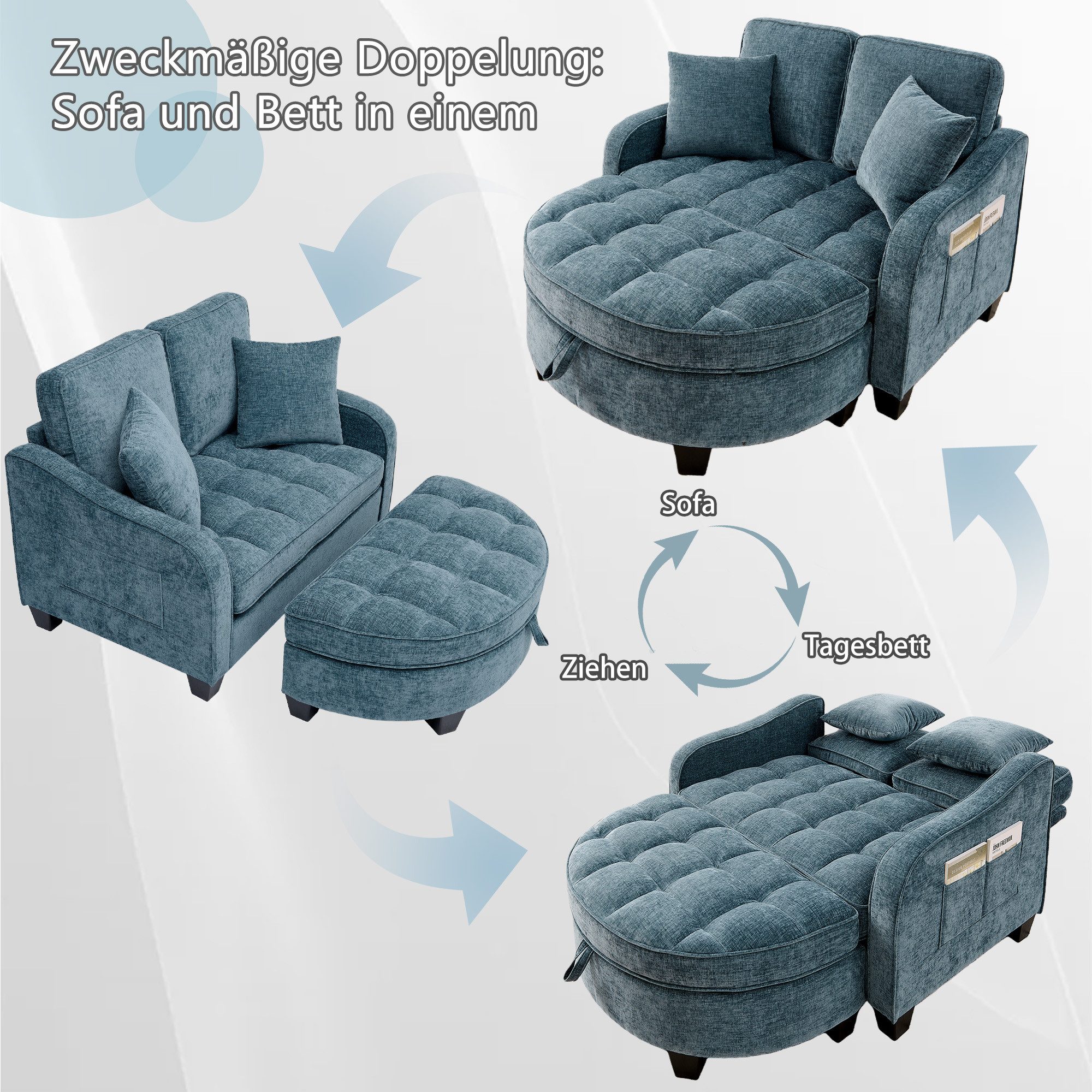 Odikalo Schlafsofa Multifunktionales Platzsparend 3-in-1 Sofa-Bett Aufbewahrungs-Hocker, mit Schlaffunktion und Stauraum, 3-in-1-Sofa mit Liegefunktion – Bild 3 von 5