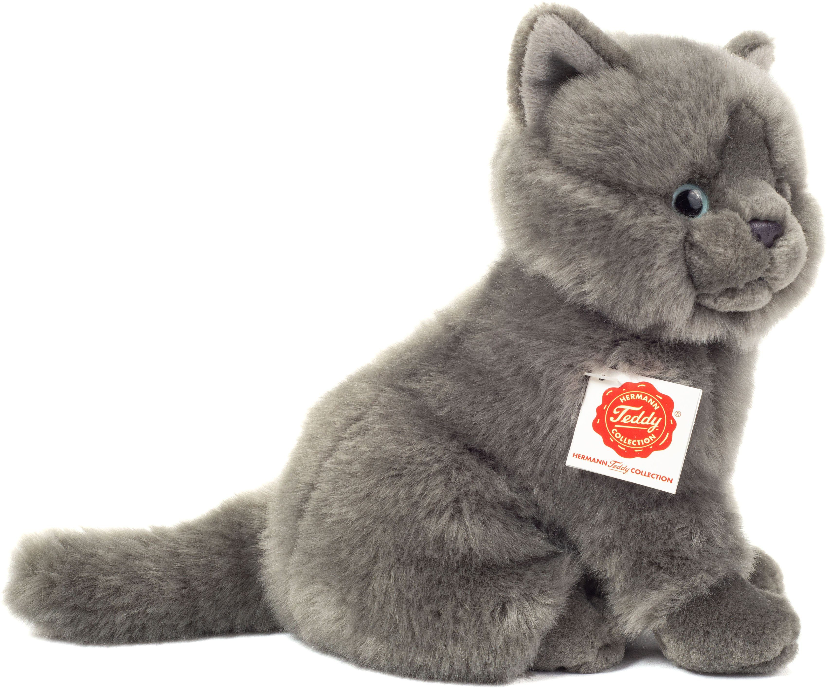 Teddy Hermann® Kuscheltier Kartäuser Katze sitzend grau, 20 cm, zum Teil aus recyceltem Material