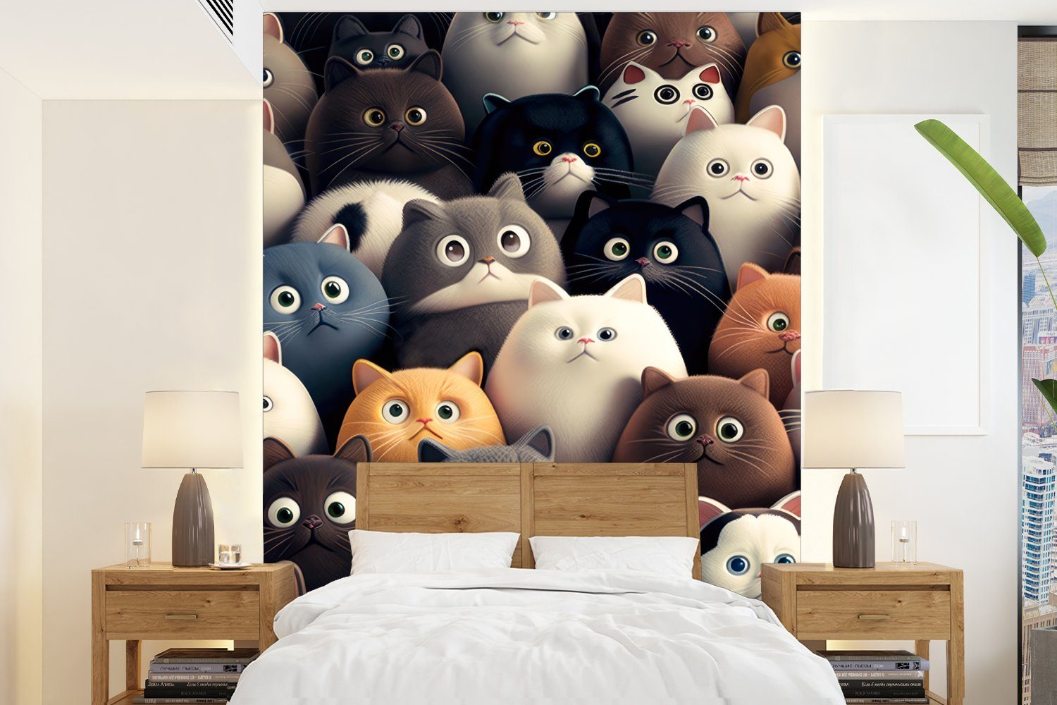 MuchoWow Fototapete Katze - Tiere - Katze - Muster - Junge - Mädchen, Matt, bedruckt, (4 St), Montagefertig Vinyl Tapete für Wohnzimmer, Wandtapete