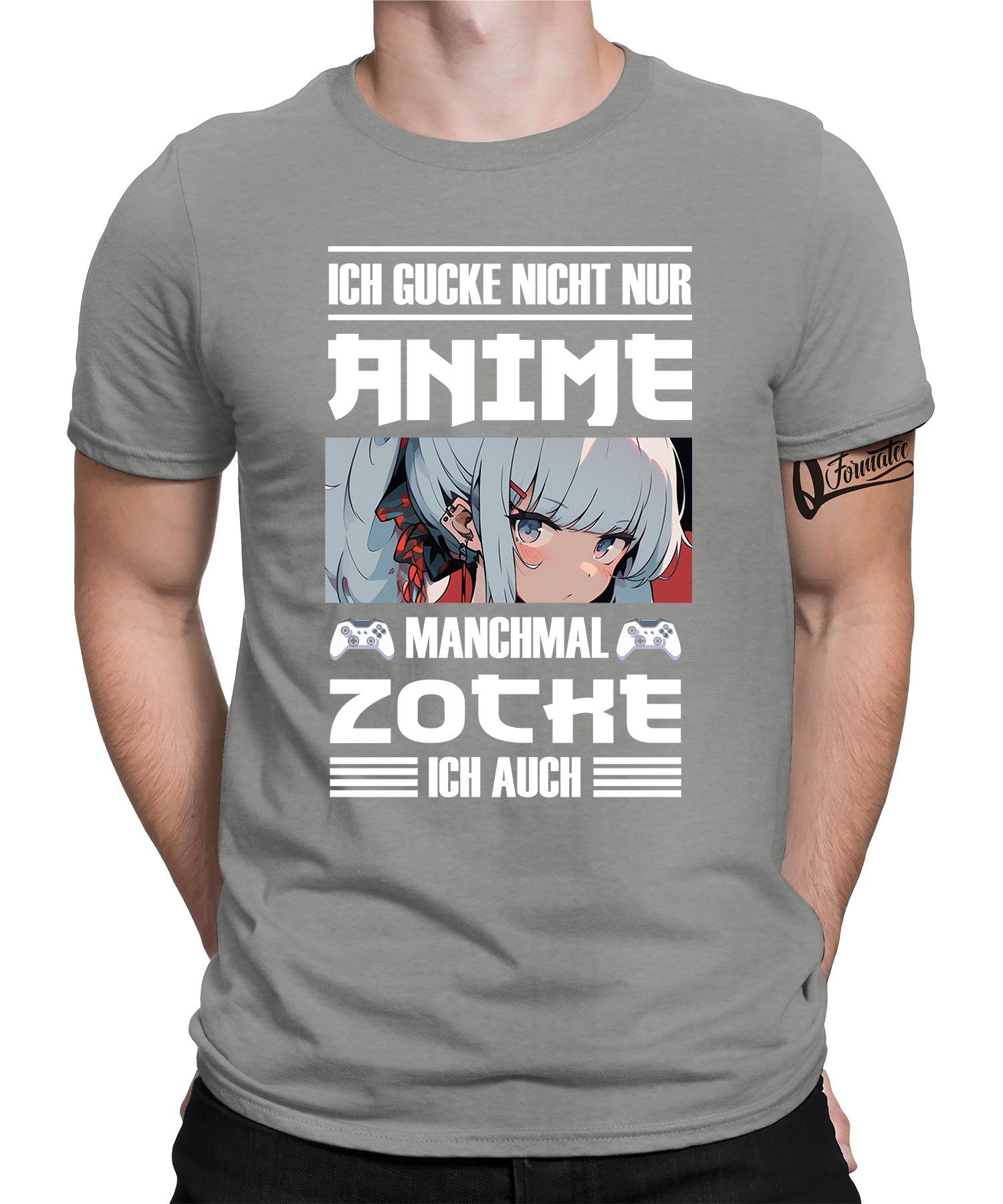 - Quattro Grau Anime (1-tlg) Herren Kurzarmshirt Formatee & Heather T-Shirt Zocken Japan
