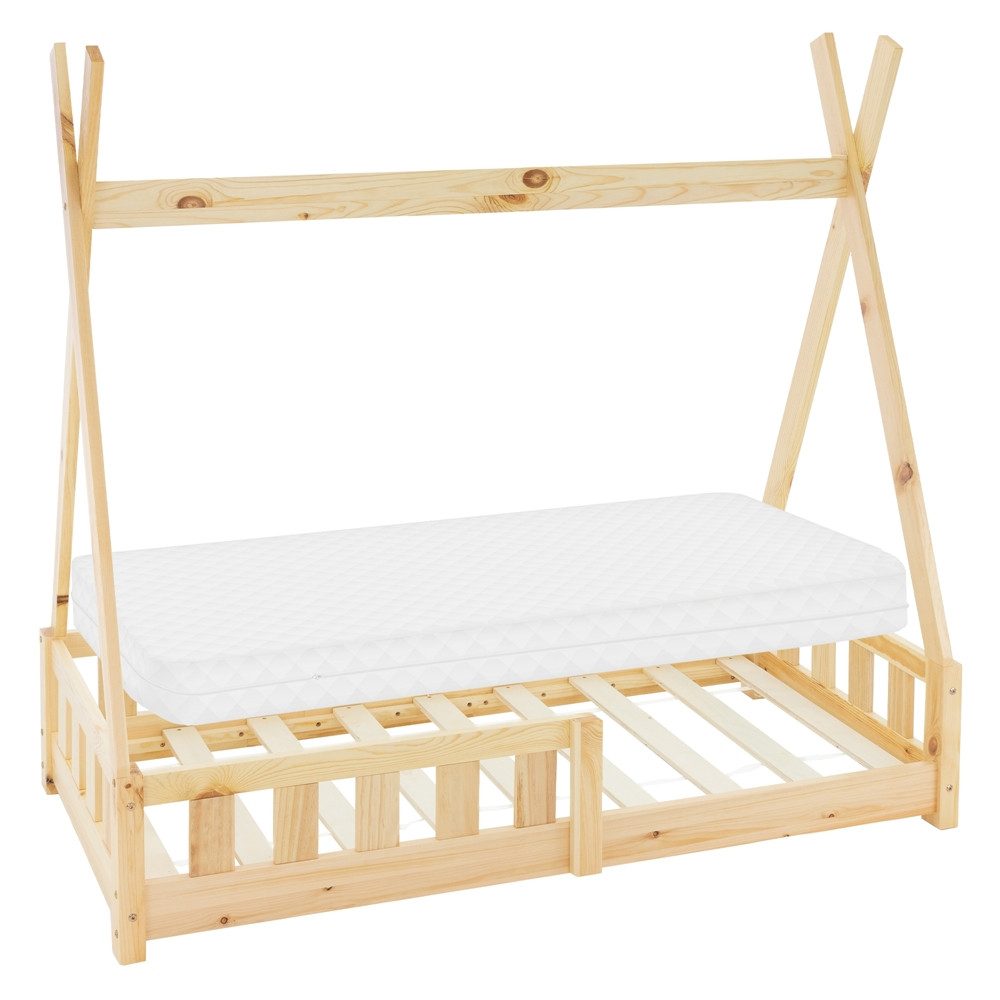 ML-DESIGN Spielbett Hausbett Tipi Zeltbett inkl. Lattenrost Bodenbett Kinder Himmelbett, Abenteuerbett mit Rausfallschutz Zelt Bett Kiefer Kinderhaus Natur