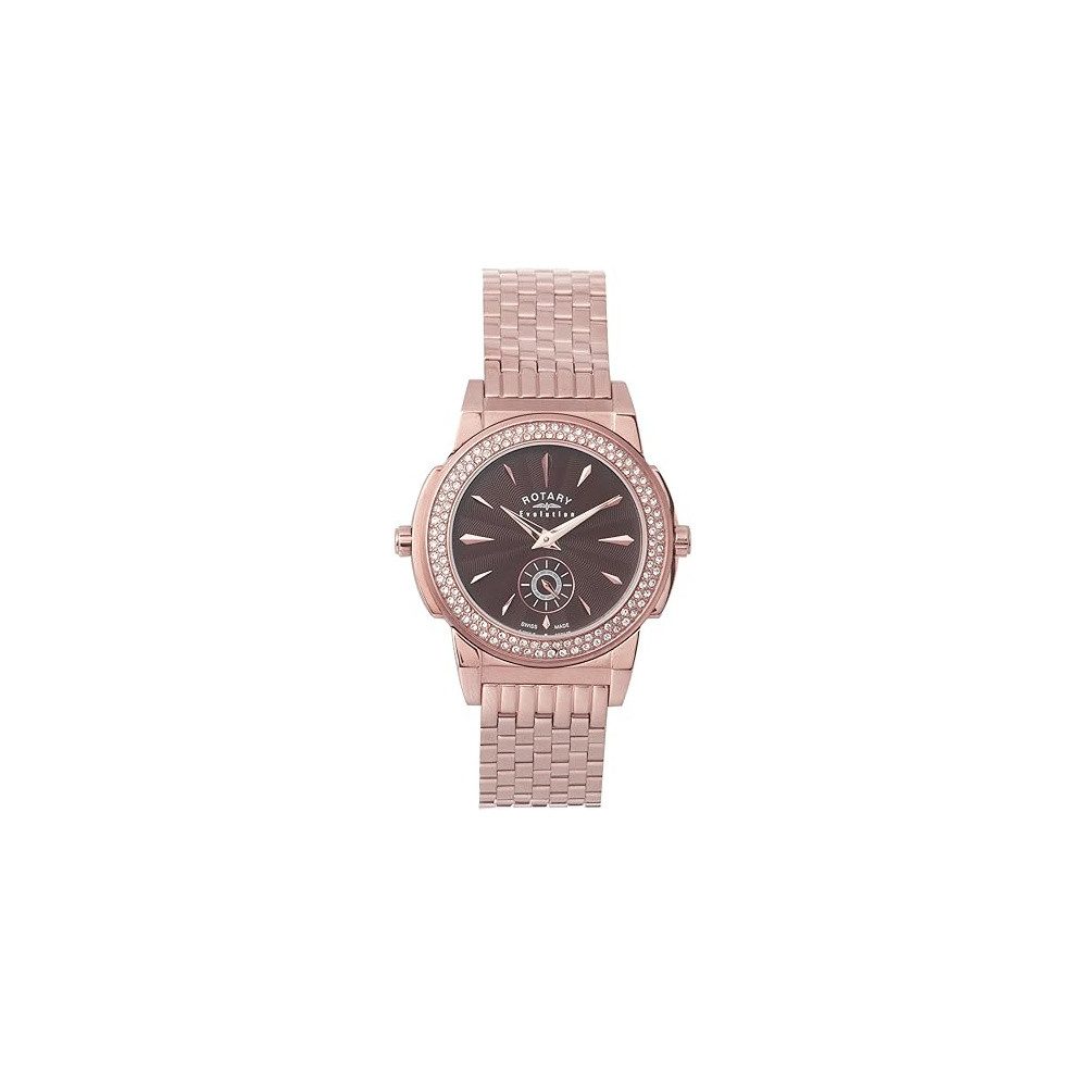 ROTARY Quarzuhr Damen Edelstahl Roségold 2 Time Zones 2 Looks ELB0011/TZ208/16, Gehäuse drehbar, Swiss Made, Zirkonabesatz, Fünfgliedriges Armband