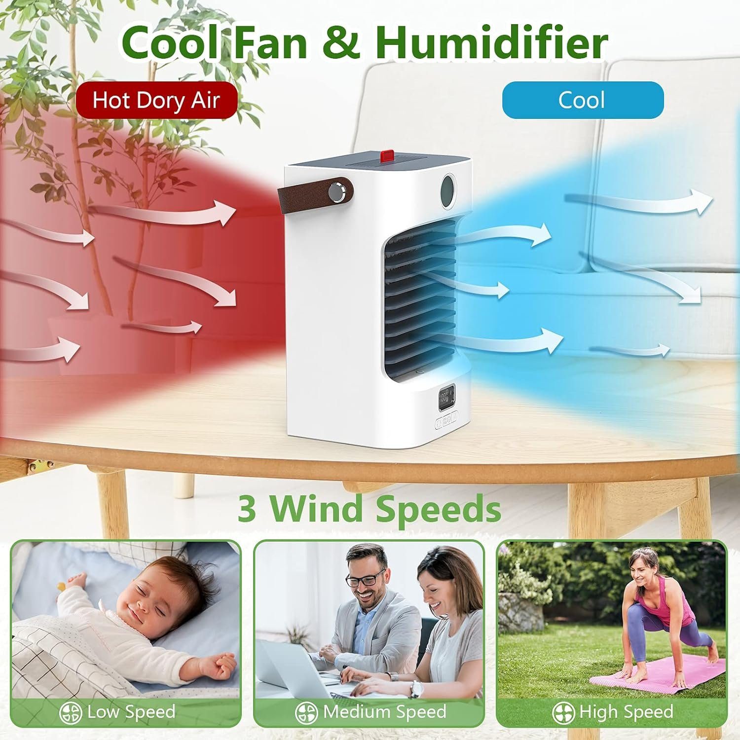 Daskoo Ventilatorkombigerät Mobile klimageräte,4 in Conditioner Luftbefeuchter und 1 Lüfterstufen Air und Luftreiniger mit Drehfunktion, mit wassertank 3 120°