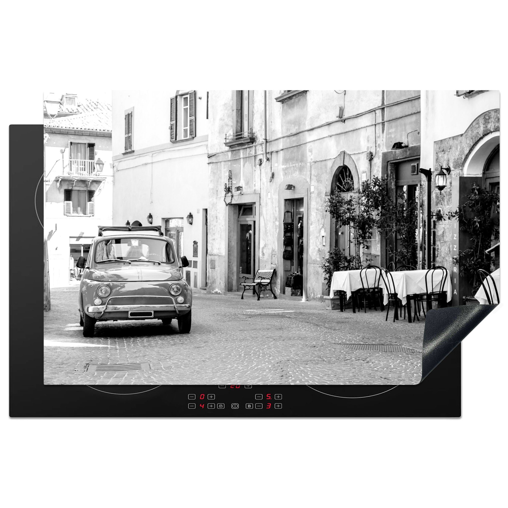 MuchoWow Herdblende-/Abdeckplatte Italien - Schwarz - Weiß - Auto, Vinyl, (1 tlg), 81x52 cm, Induktionskochfeld Schutz für die küche, Ceranfeldabdeckung