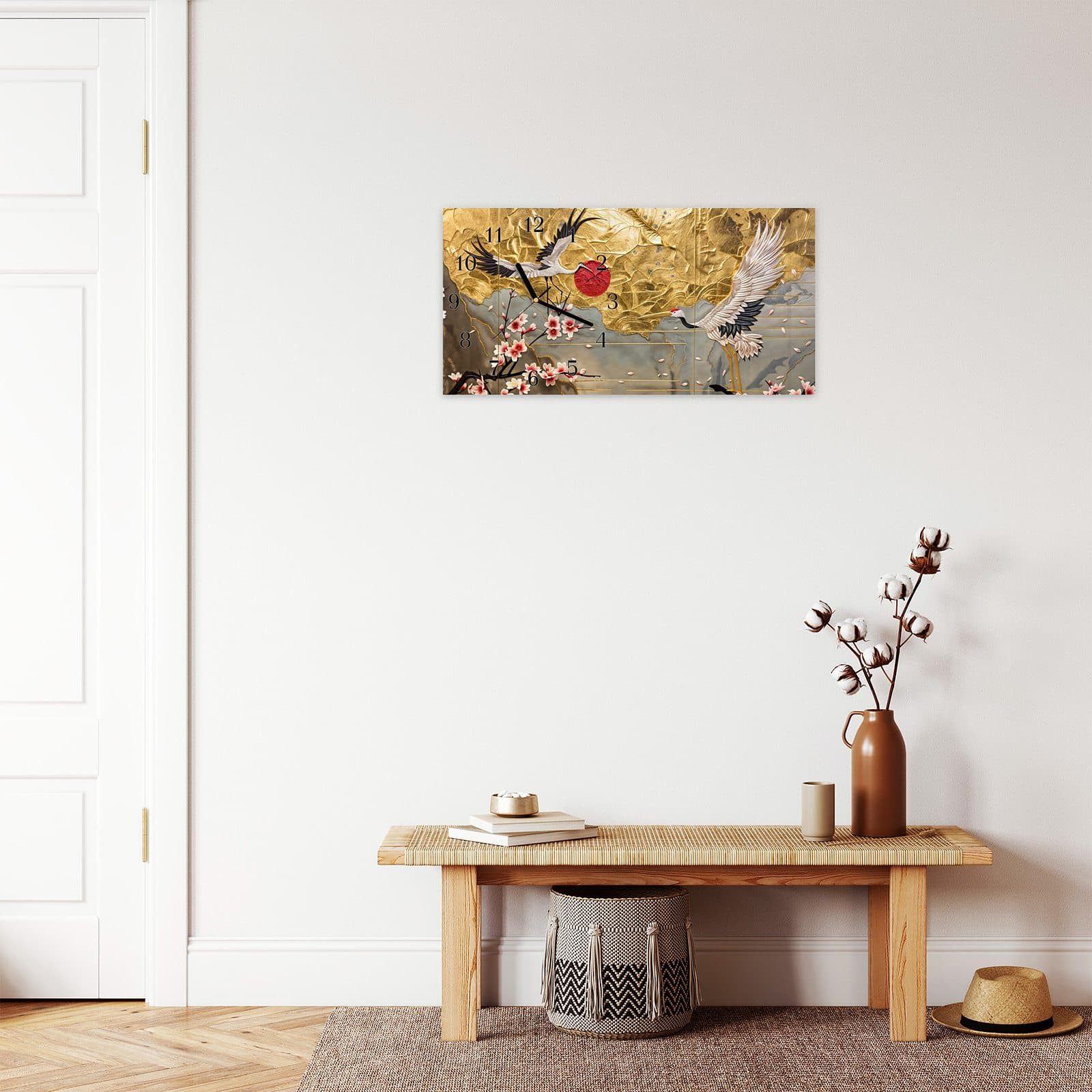 Primedeco Wanduhr Glasuhr Wandkunst Größe 60 x 30 cm mit Motiv Blüten und Kraniche