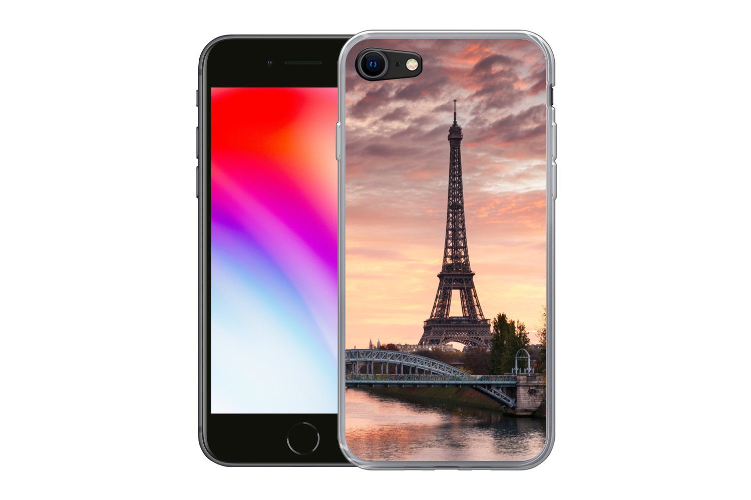 MuchoWow Handyhülle für Apple iPhone 8 Paris - Eiffelturm - Brücke, Smartphone-Bumper, Print, Handy Schutzhülle Dünn
