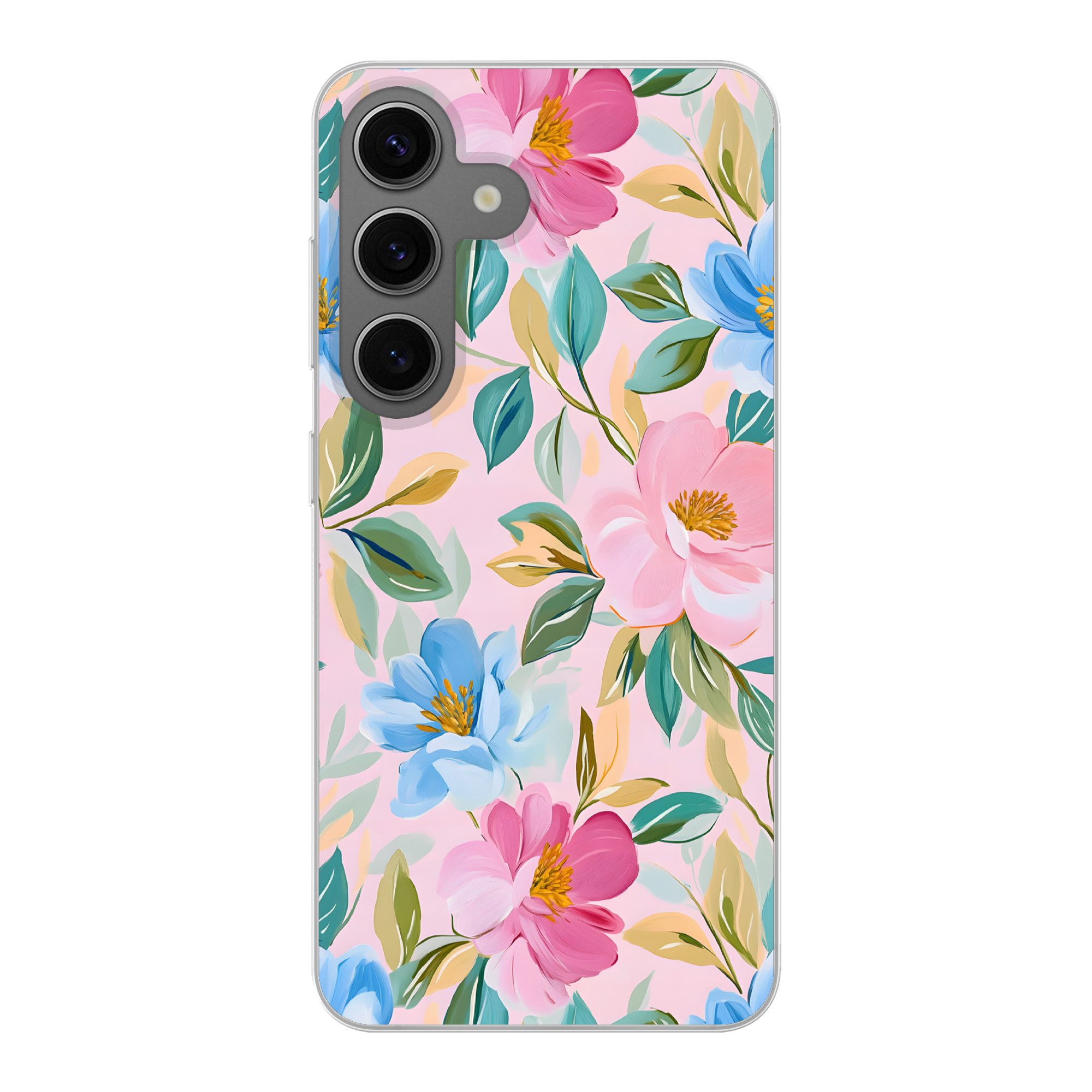 MuchoWow Handyhülle für Samsung Galaxy S24 Blau - Rosa - Blumen, Phone Case, Silikon, Schutzhülle Dünn