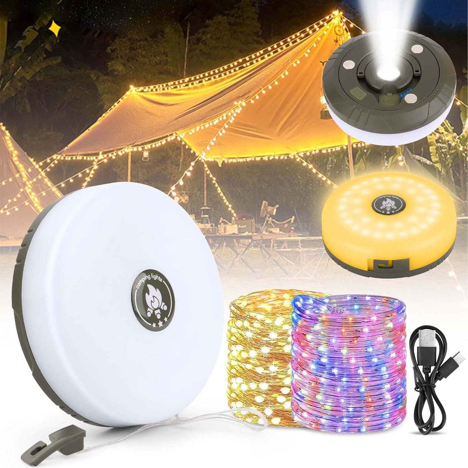 LED-Lichterkette Camping Lichterkette, Aufrollbar Campinglampe mit 5 Beleuchtungsmodi