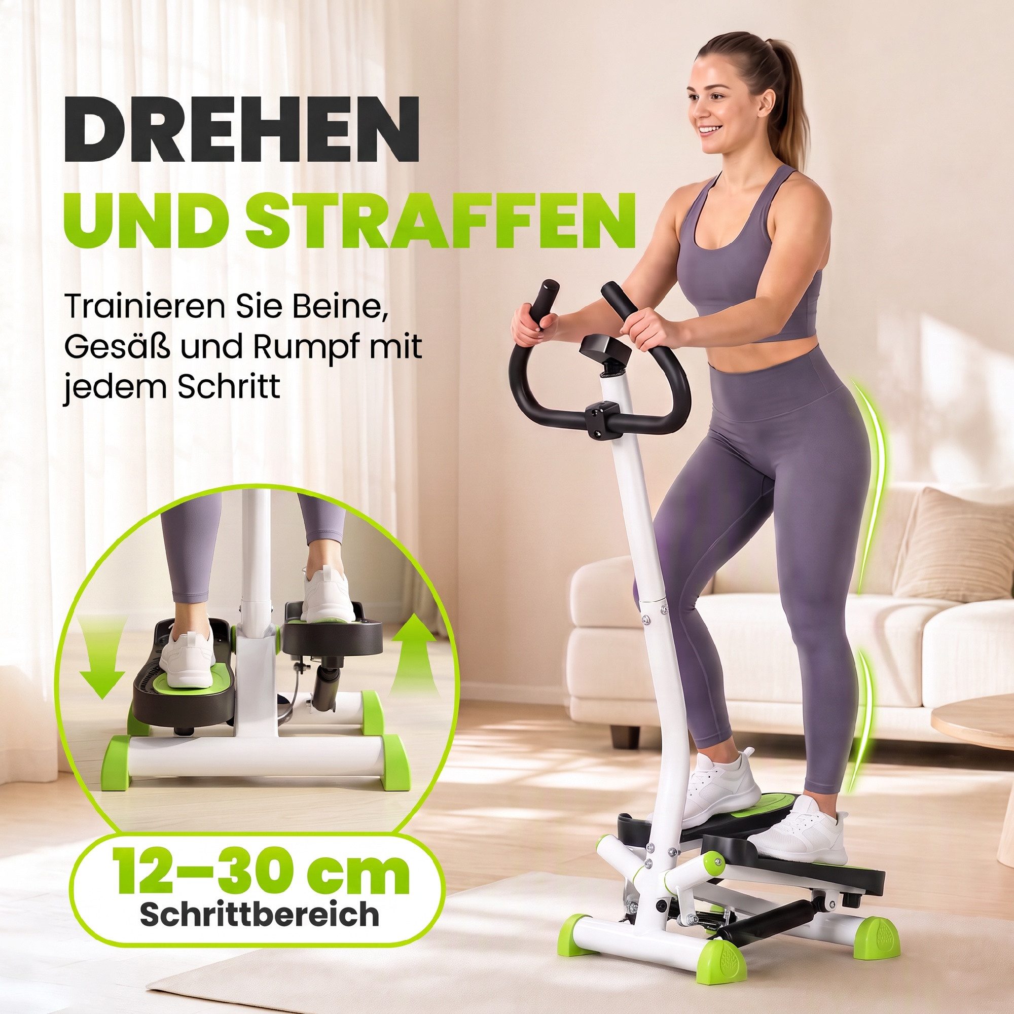 HOMCOM Stepper Fitness Swing Stepper mit LCD-Schirm und Handgriff Grün (Hometrainer für Zuhause, 1-tlg., bis 100 kg), Stahl, ABS, 55cm x 44cm x 108cm – Bild 4 von 5