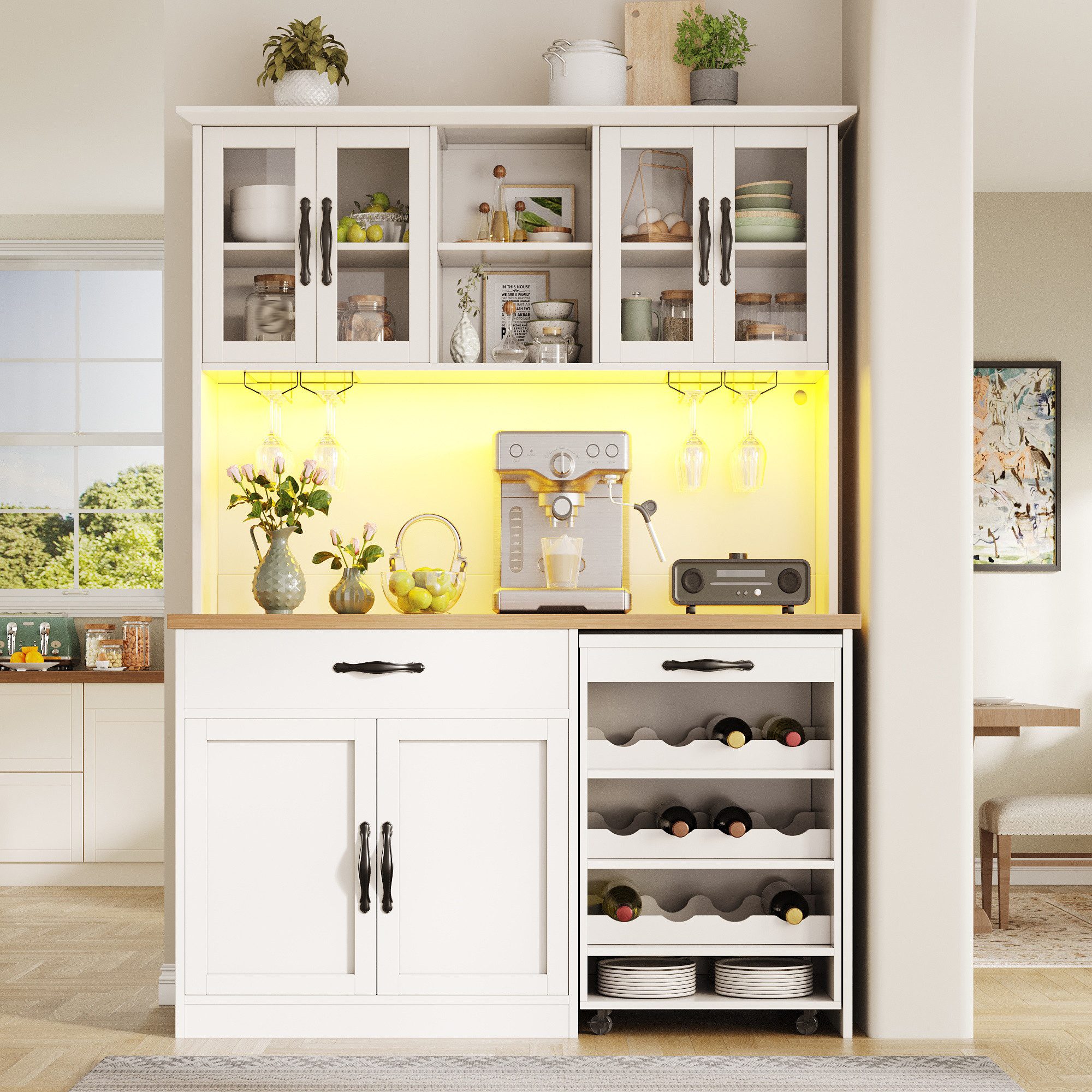i@home Hochschrank Küchenschrank 140cm, mit Rollwagen, LED-Beleuchtung, Weinglasregal & Weinregal