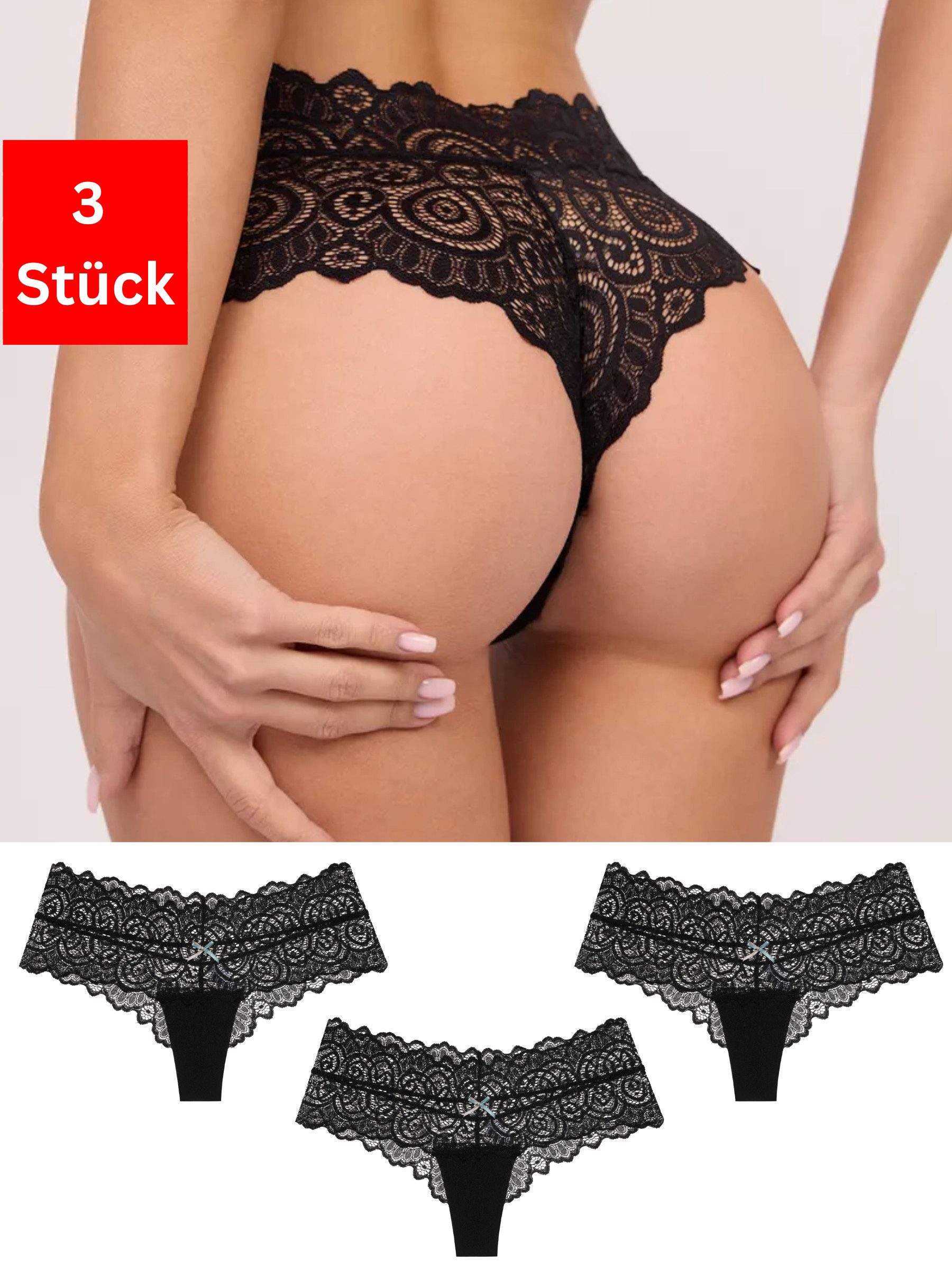 Elegant Love Tangaslip Sexy Damen Dessous, Slip, Panties, Unterwäsche in Spitzenoptik (Packung, 3-St., 3er-Pack) Tanga / V-String mit Schleife – feminines Lingerie-Höschen aus Spitze