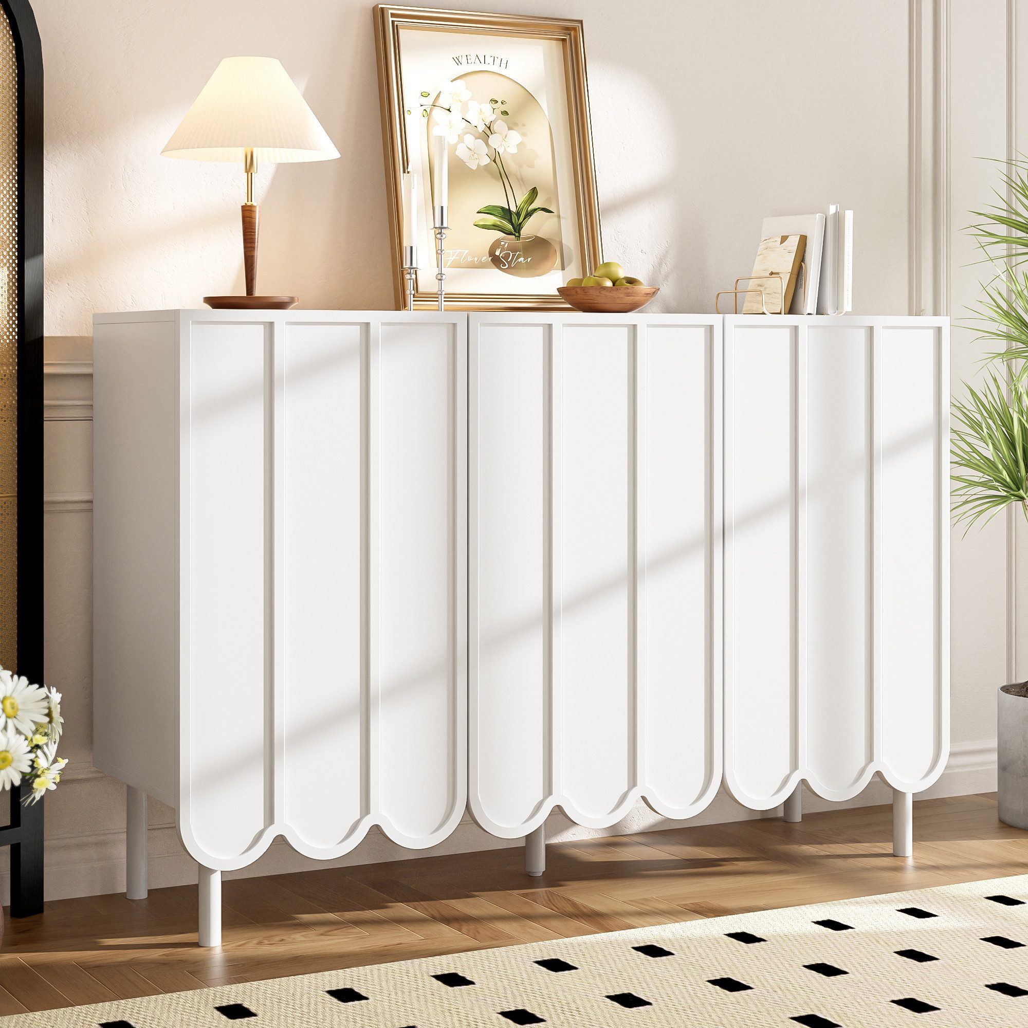 KLAM HOME Sideboard Modernes weißes Sideboard mit Wellentüren – 120x35x80 c günstig online kaufen