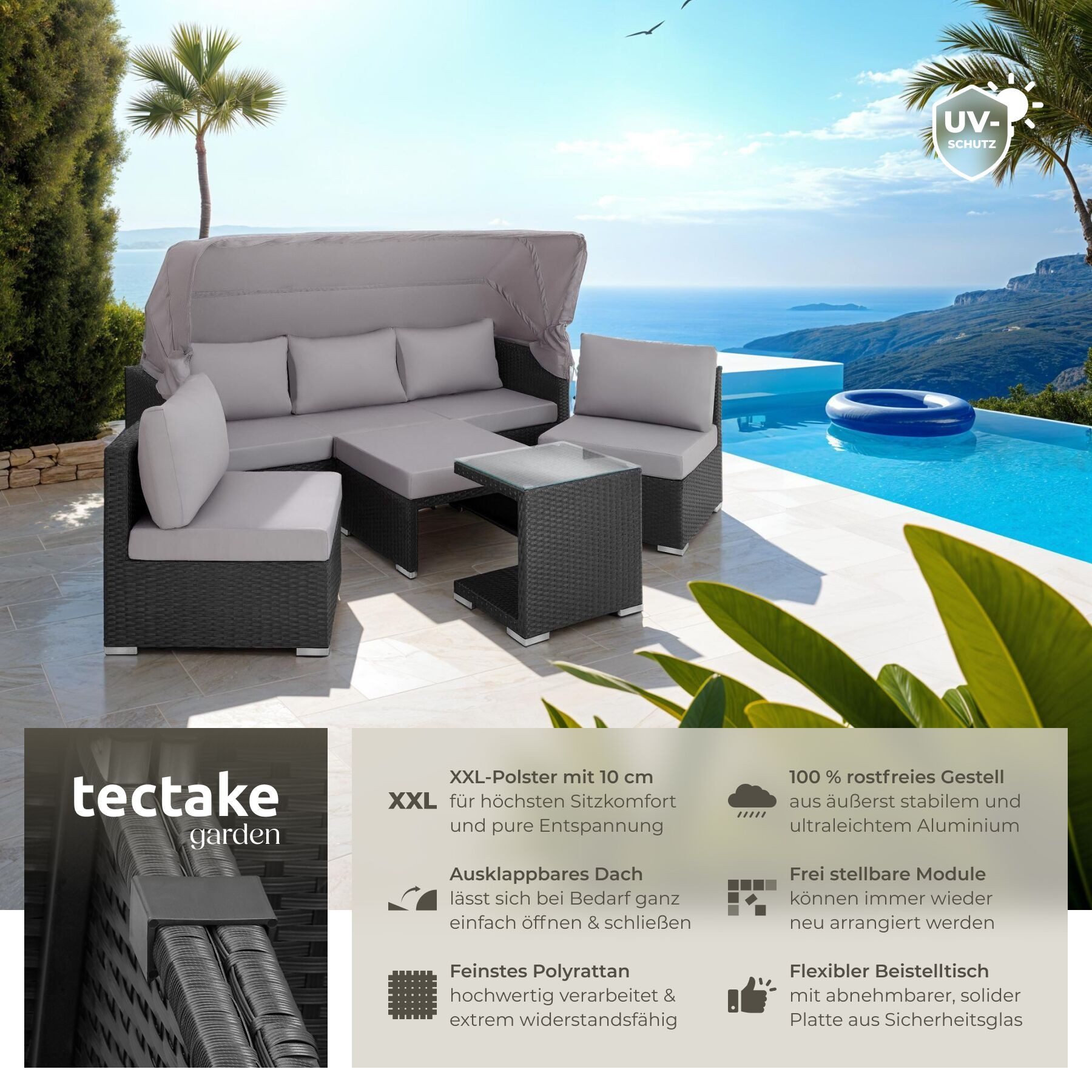 tectake Loungeset Rattan Sitzgruppe, Sicherheitsglasplatte, für 5 bis 6 Personen, (Gartenlounge-set San Marino, 7-tlg., geeignet für Outdoor in Schwarz), wetterfest und UV-beständig, Dicke der Polster 10 cm