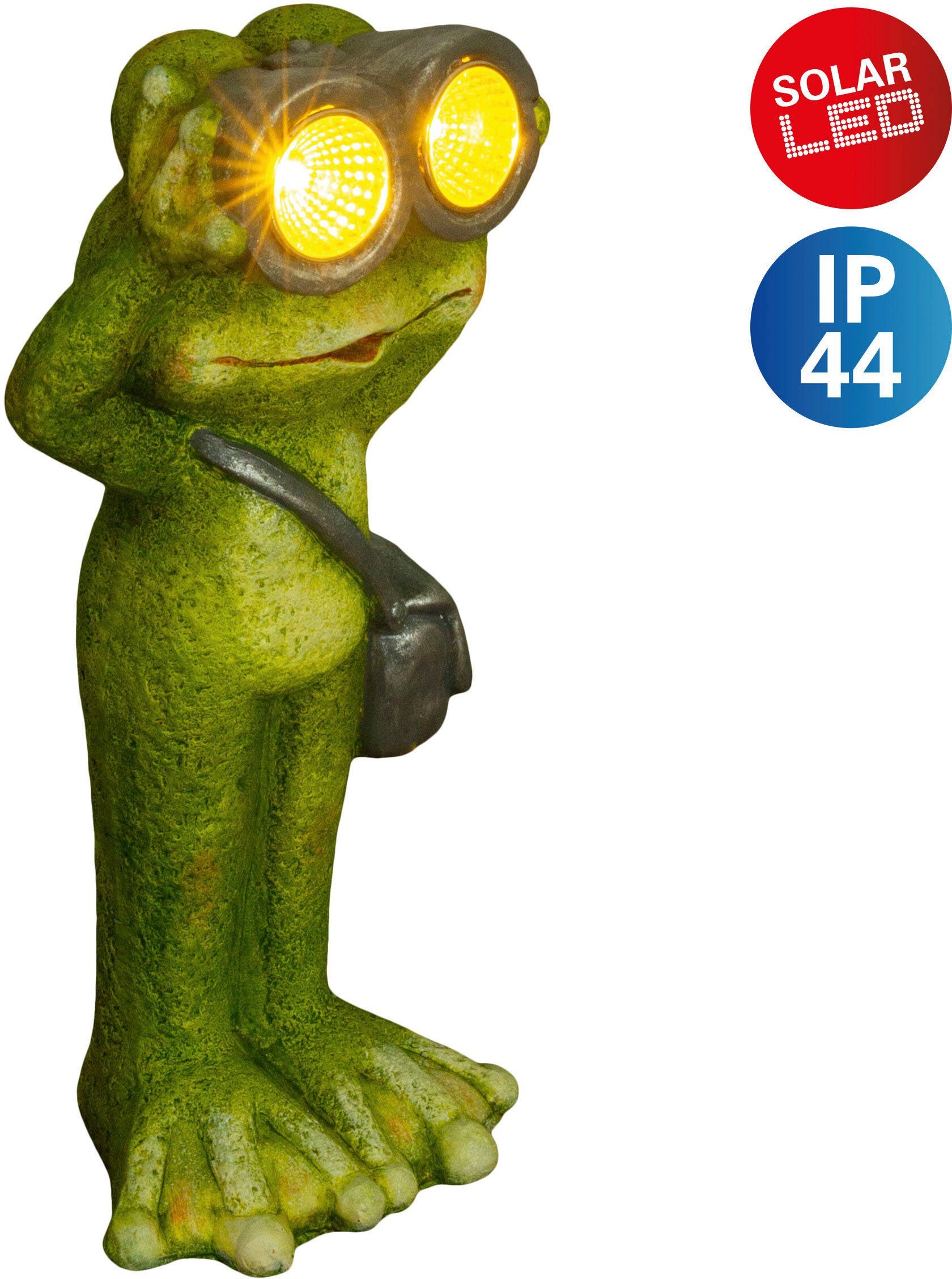 näve LED Solarleuchte Frosch, LED Fernglas integriert, stehender inkl. Akku und Warmweiß, mit Umhängetasche, Keramik, fest Frosch