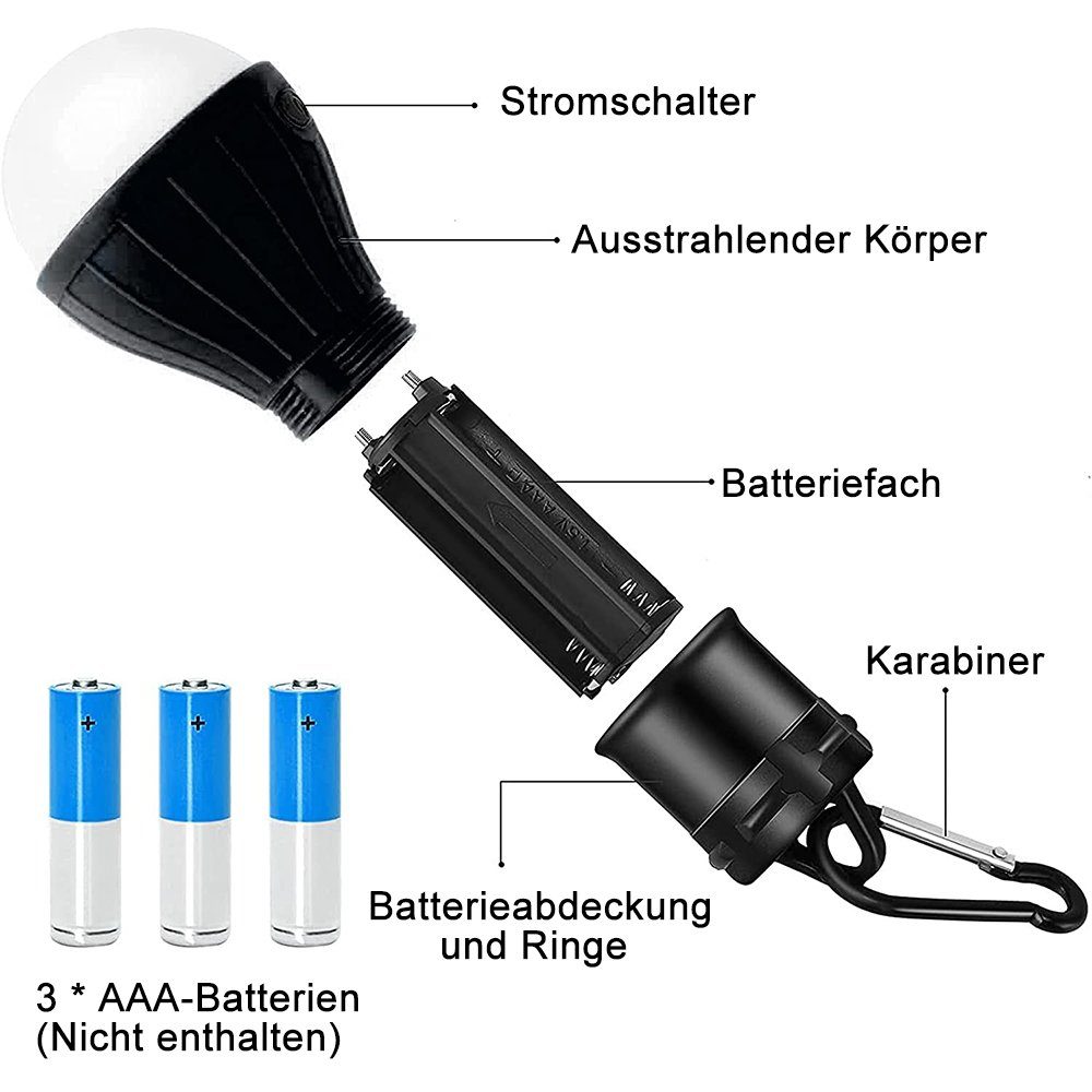 Arbeitsleuchte Stück LED Campinglaterne zggzerg Karabiner mit Schwarz LED Tragbare Campinglampe, 4