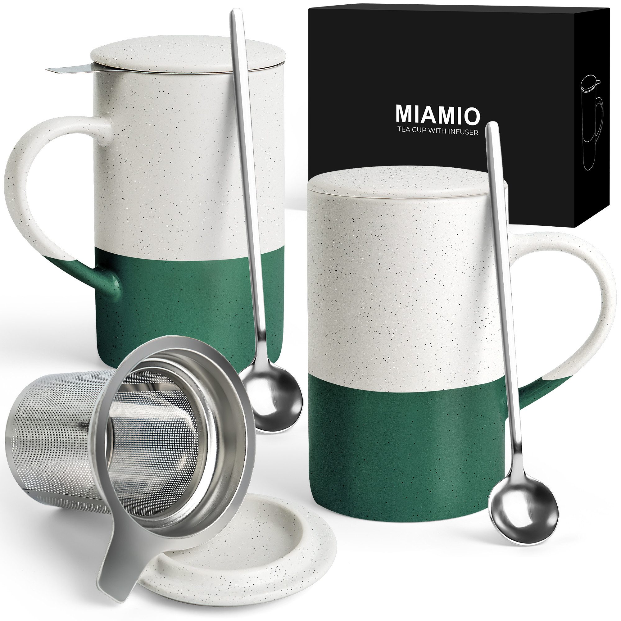 MiaMio Tasse für losen Tee mit Siebeinsatz und Deckel, Dunkelgrün, 2-tlg., Keramik, 500 ml je Tasse
