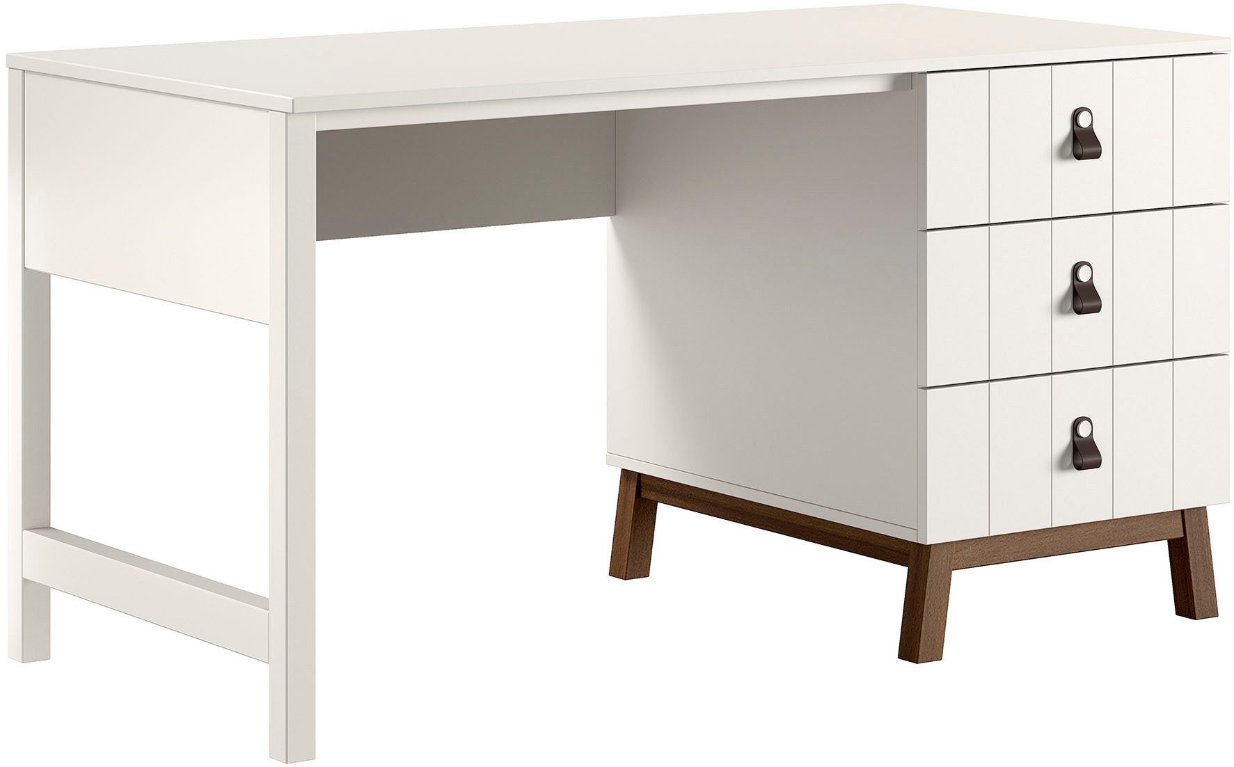 Vipack Schreibtisch Sezane mit großer Arbeitsplatte und 3 geräumigen Schubladen (die Tischplatte ist 140 x 70 cm, Schubladen bieten viel Stauraum), MDF Clay (warmes Grau) farben lackiert, Sockel nussbaumfarbig