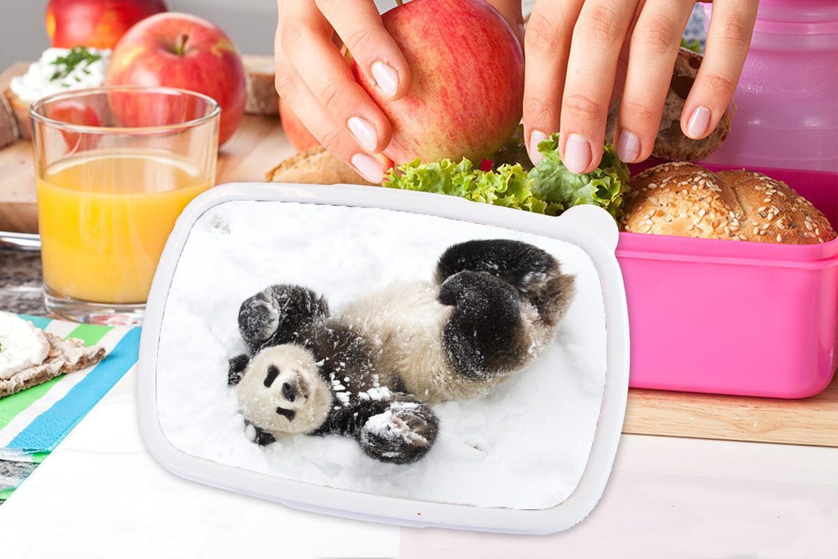 MuchoWow Lunchbox Panda Snackbox, Mädchen, Kinder, rosa Baby, - für Brotbox Brotdose - Kunststoff Erwachsene, Kunststoff, (2-tlg), Schnee