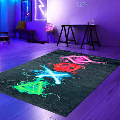 Teppich Gaming Teppich mit neonfarbigen Symbolen auf schwarzem Hintergrund, Teppich-Traum, rechteckig