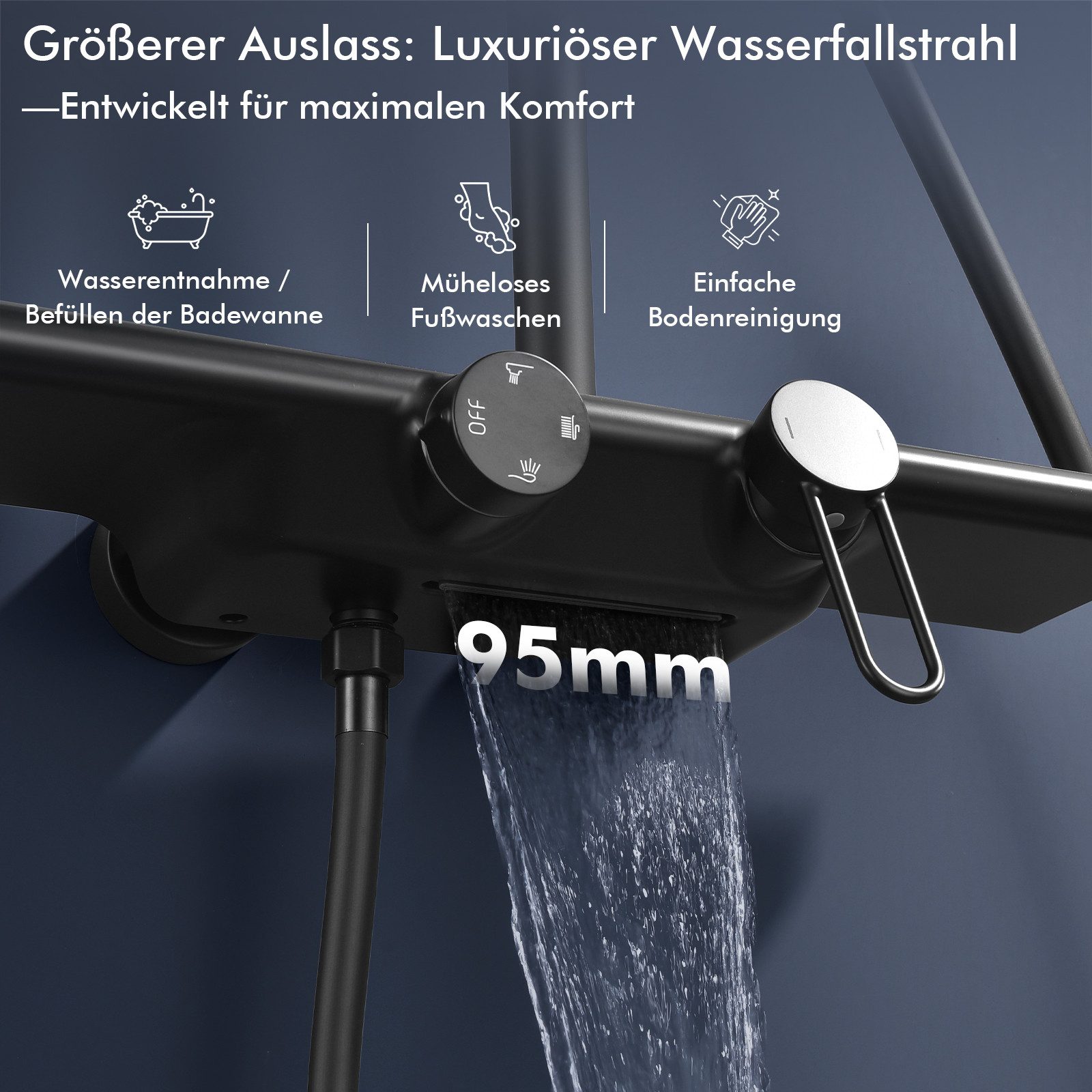 HOMELODY Duschsystem Schwarz Matt 250mm Regendusche Wasserfall Handbrause Ablage, Regendusche Duschset mit Ablage Handbrause 5 Funktionen