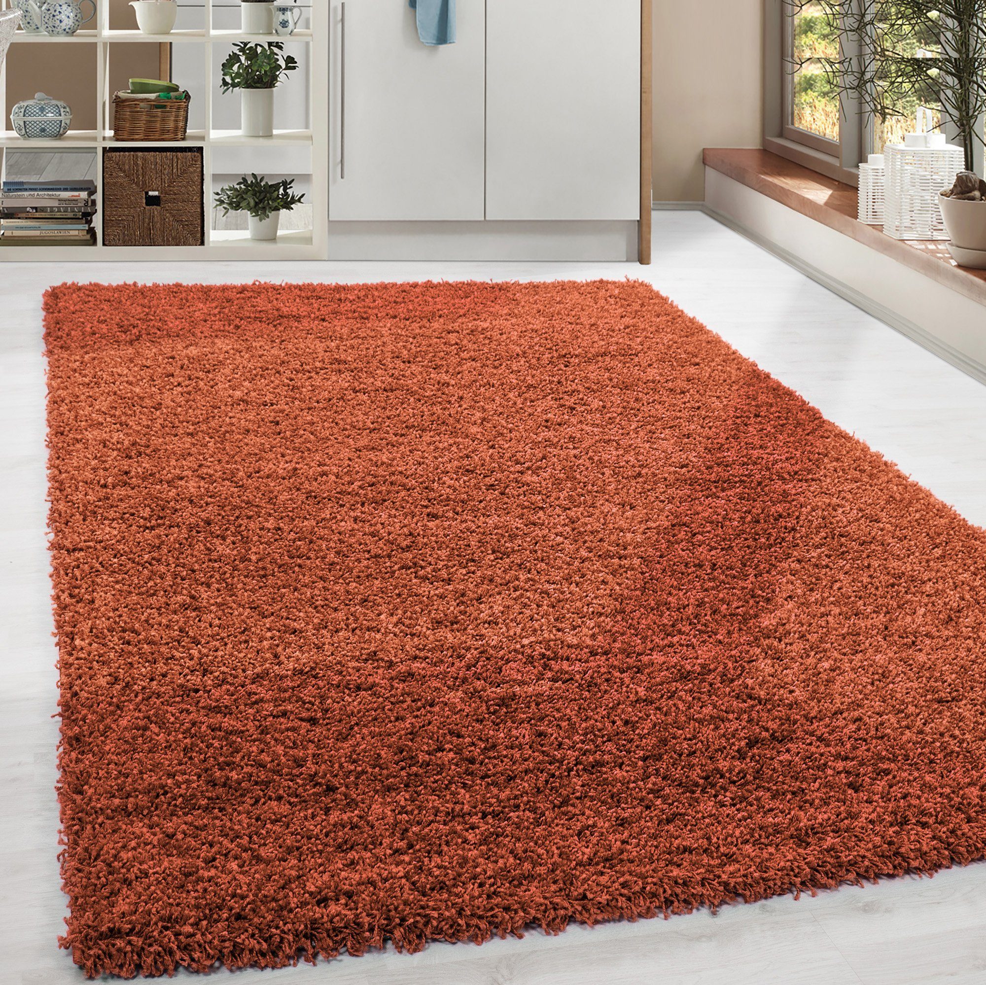 Teppich Unicolor - Einfarbig, HomebyHome, Läufer, Höhe: 30 mm, Teppich Wohnzimmer Shaggy Einfarbig Terrakotta Modern Flauschig Weiche