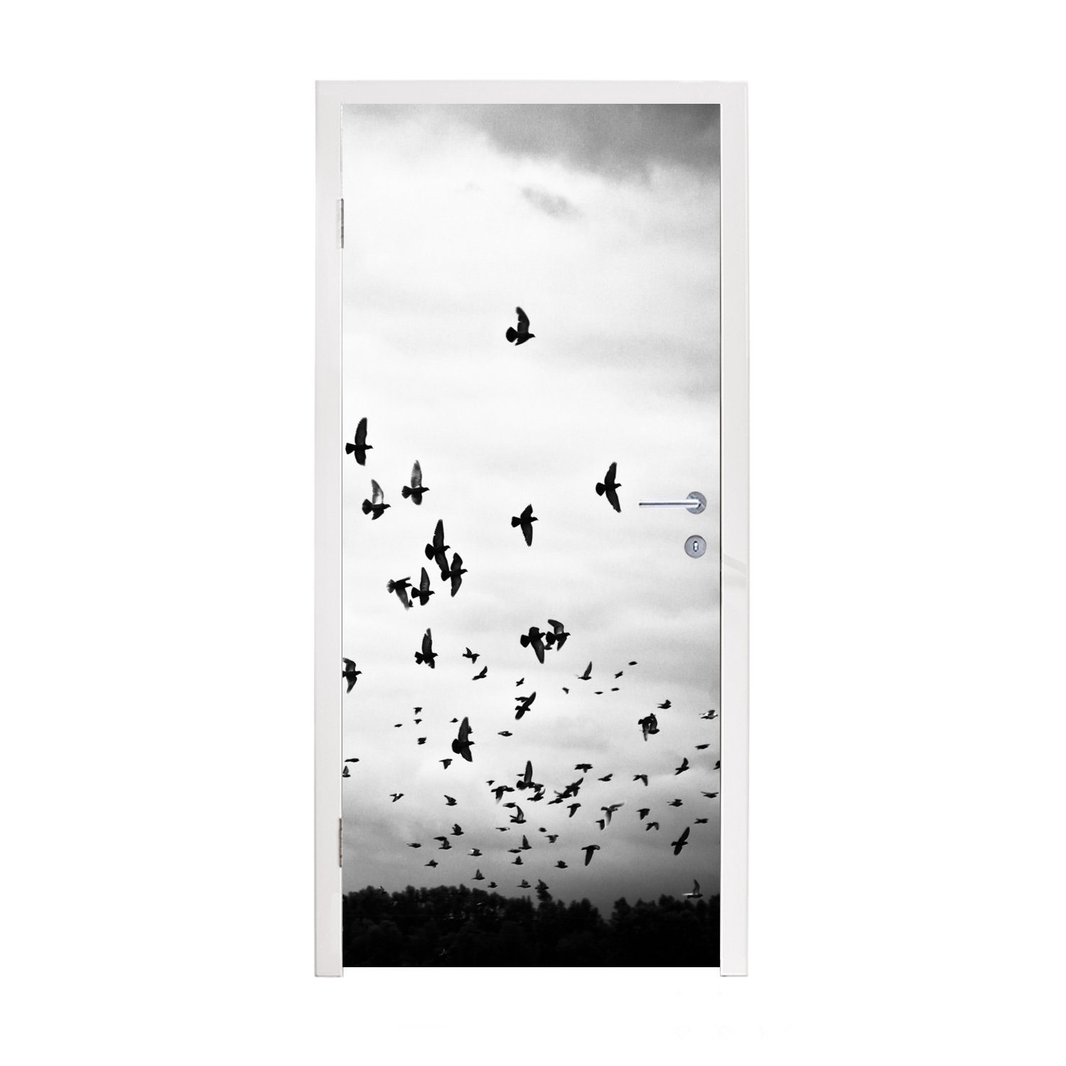 - - für bedruckt, Matt, - (1 cm Vögel Weiß, Fototapete Türaufkleber, 75x205 St), Türtapete Tiere Tür, Schwarz Wolken - MuchoWow