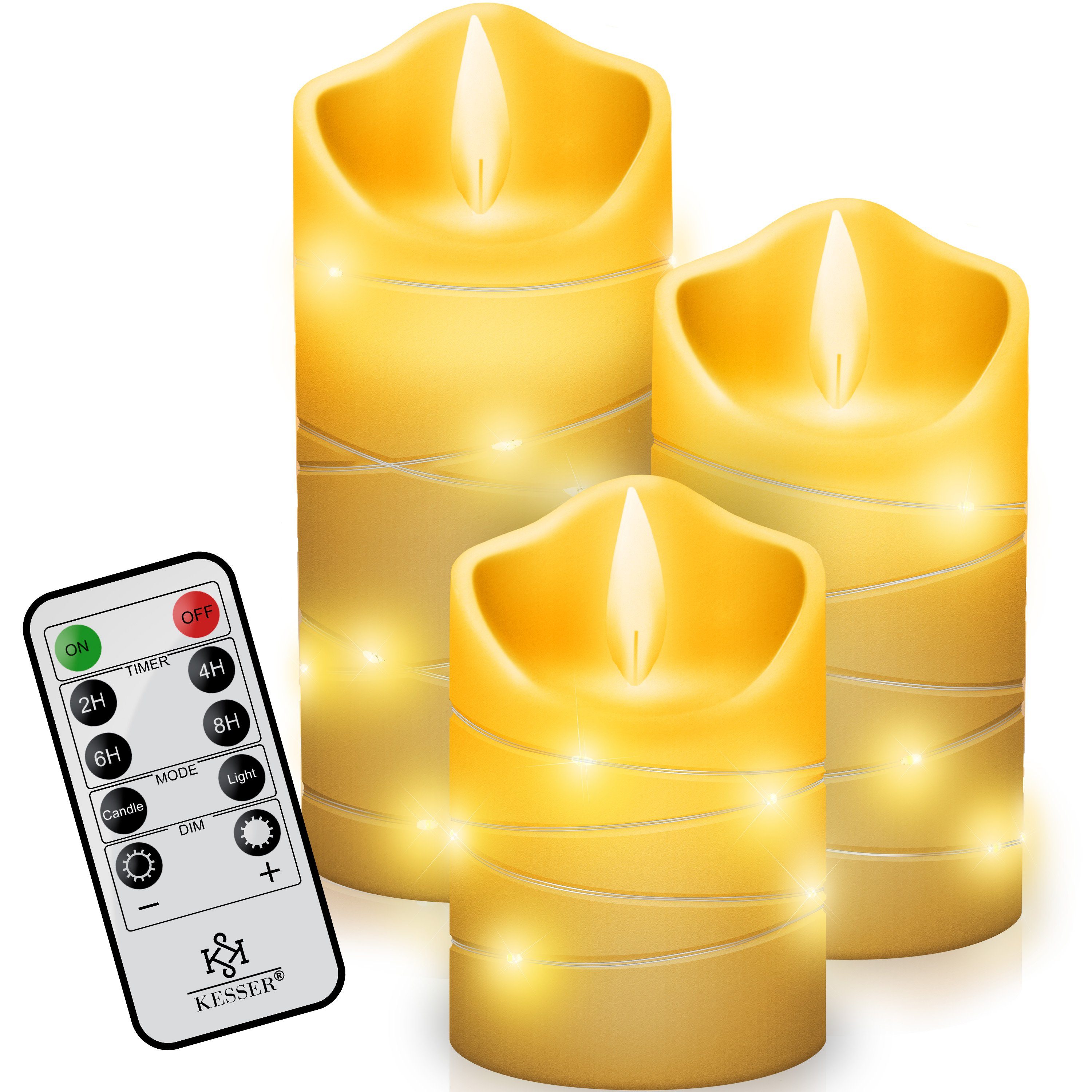 KESSER LED-Kerze, LED Kerzen Set Flammenlose Kerze mit Fernbedienung Timerfunktion Weiß / Traditionell 3er-Set