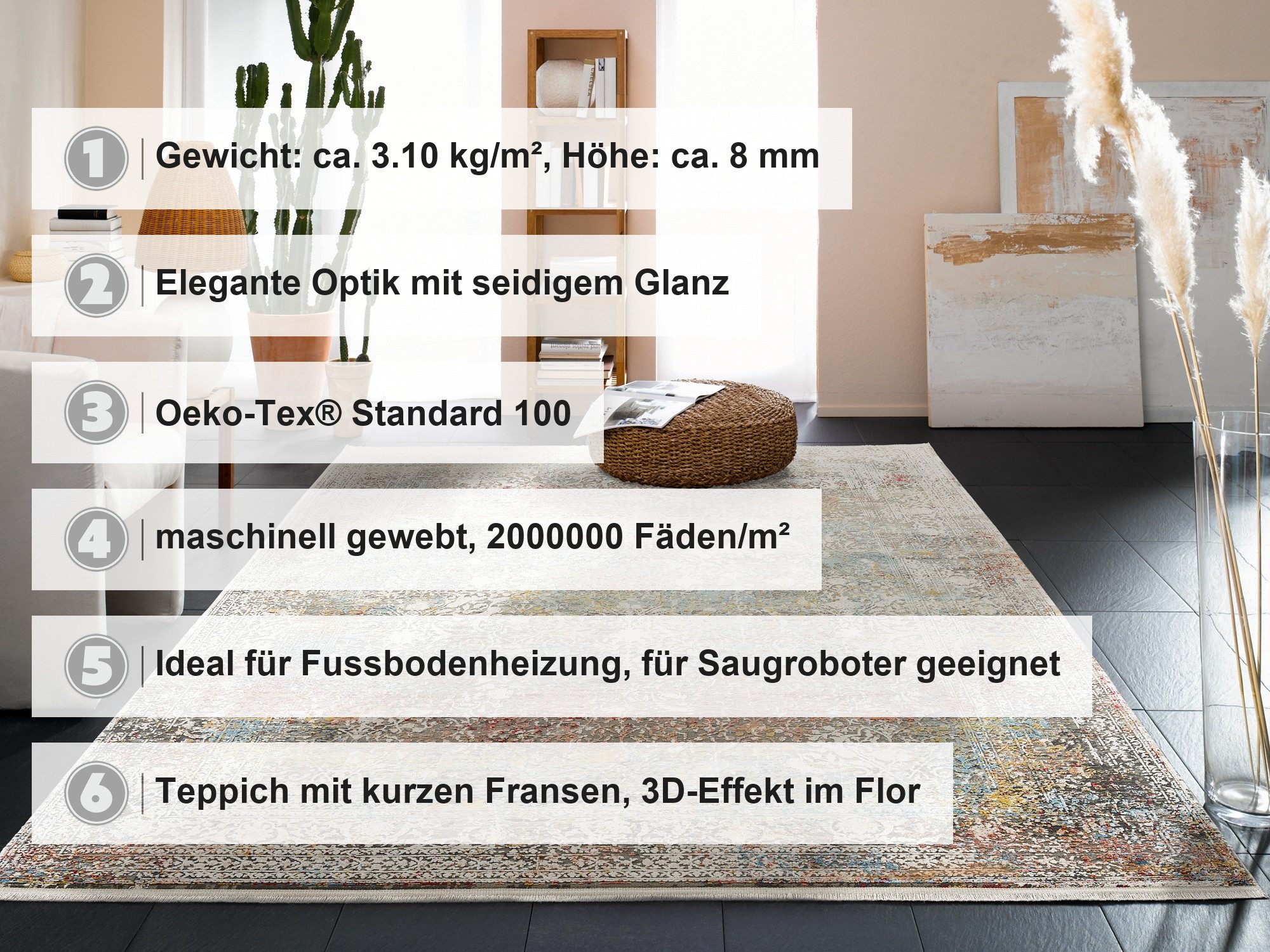 OCI DIE TEPPICHMARKE Teppich BESTELLER CAVA, auch als Läufer und in Rund, quadratisch, Höhe: 8 mm, Glanz Viskose, mit Fransen, Hoch Tief Struktur, Vintage, Wohnzimmer