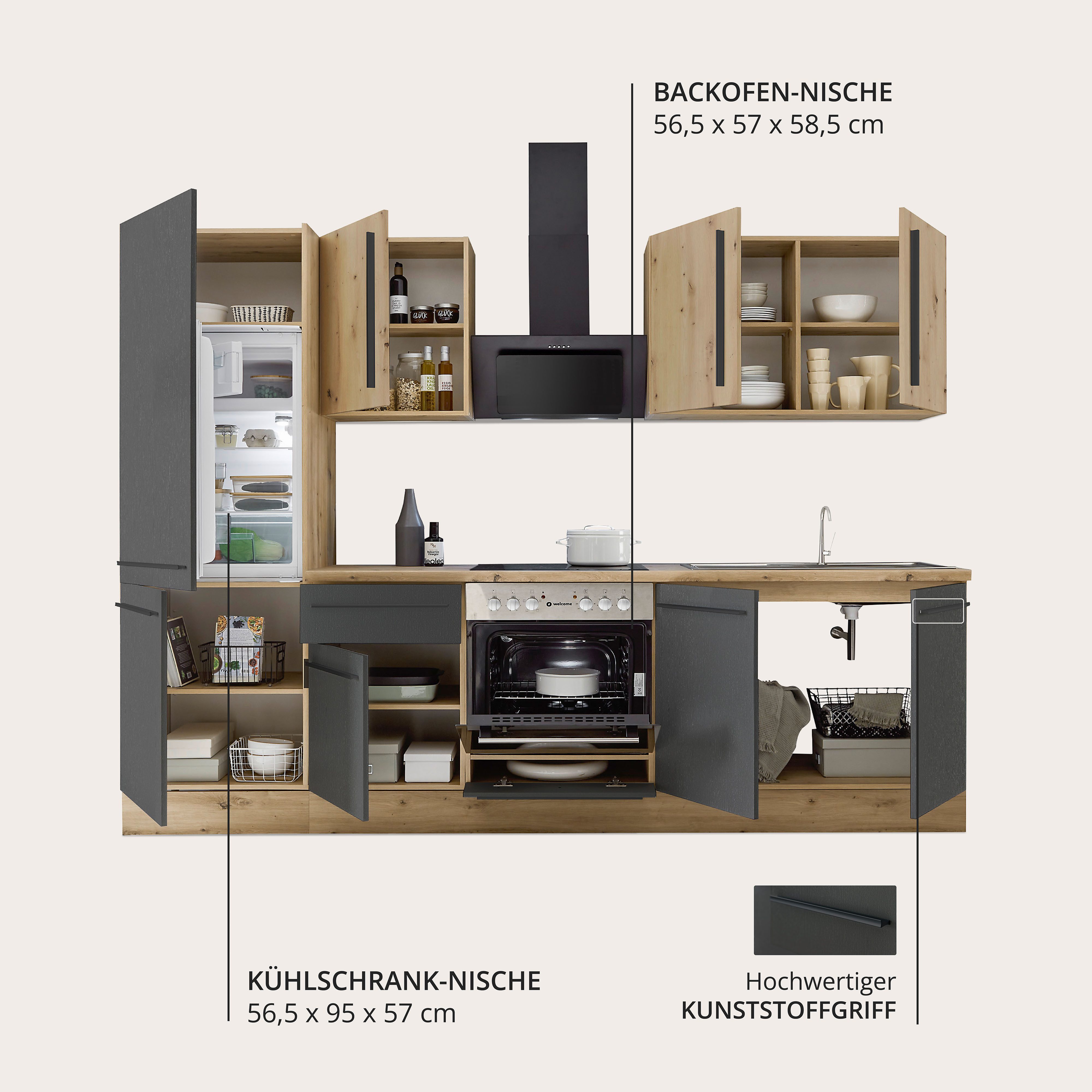 KOCHSTATION Küchenzeile KS-Florida mit 38mm starker Arbeitsplatte, Breite 270 cm, wahlweise mit E-Geräten, Soft-Close-Funktion