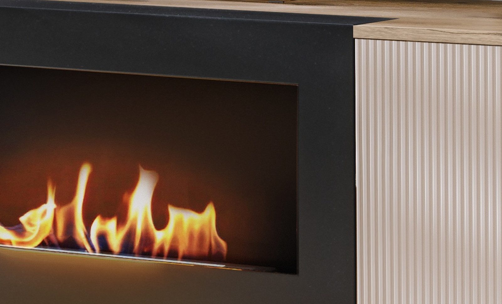 Inn.Furn Wohnwand Cathlyn, (Schrankwand 4-teilig mit integriertem Ethanol Kamin, Eiche mit Kaschmir, 350 x 197 cm), mit Push-To-Open, inklusive Beleuchtung