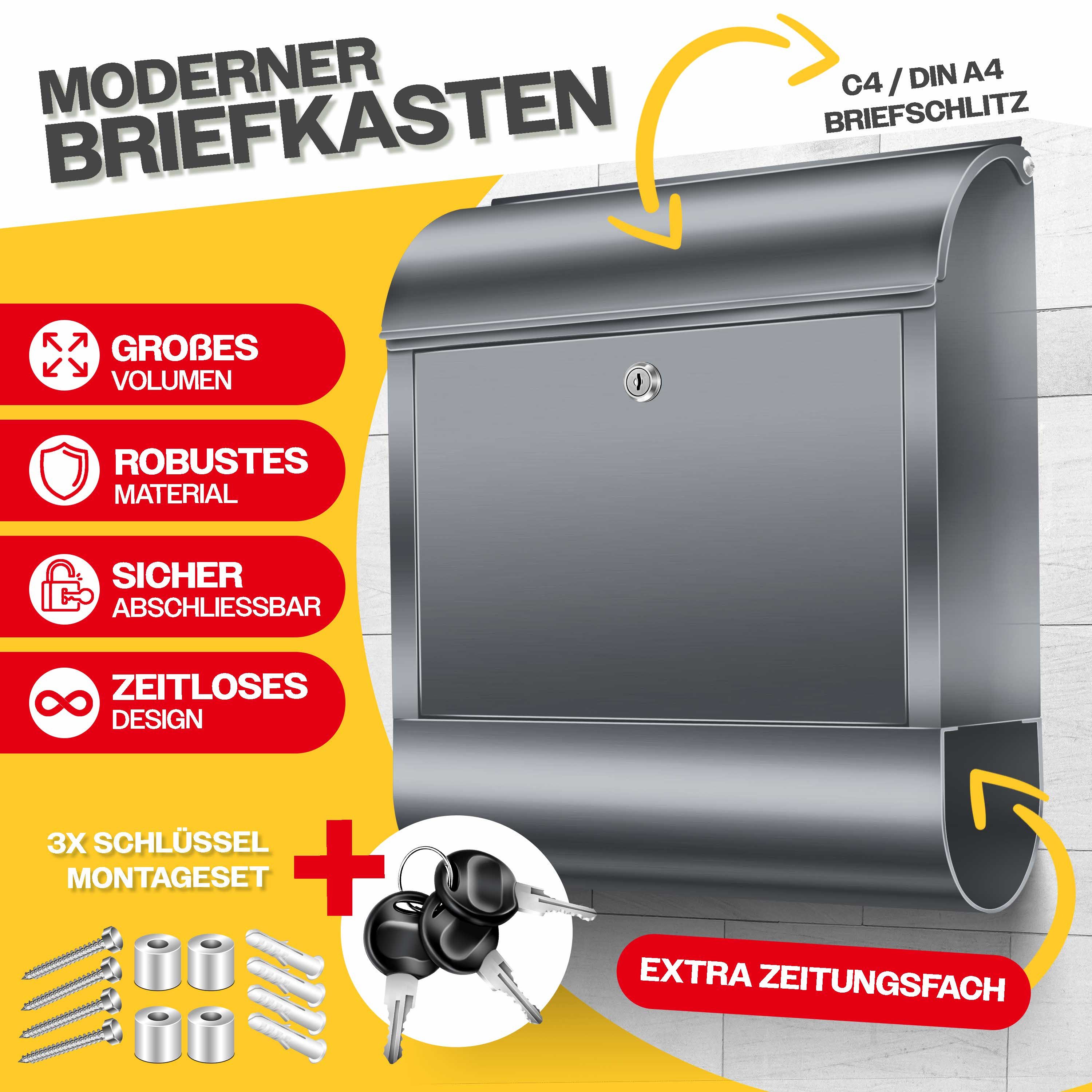 KESSER Briefkasten XXL Wandbriefkasten aus Edelstahl mit Zeitungsfach & 3 Schlüssel, Wandmontage, abschließbar, inkl. Montagematerial