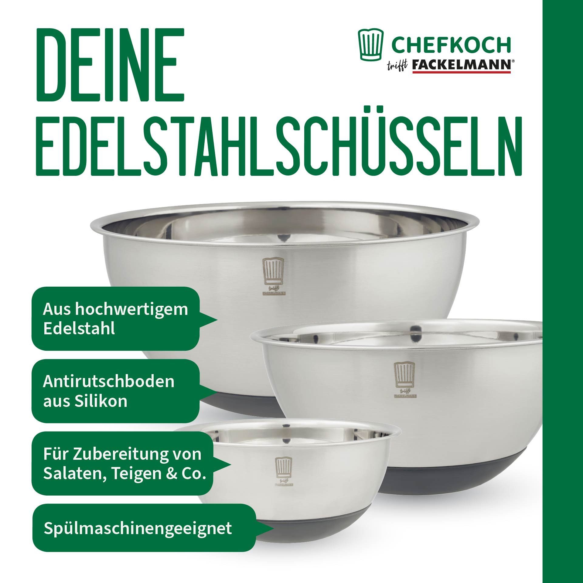 Chefkoch trifft Fackelmann Schüssel Edelstahlschüsseln Set, Rührschüsseln, Küchenschüsseln, Antirutsch