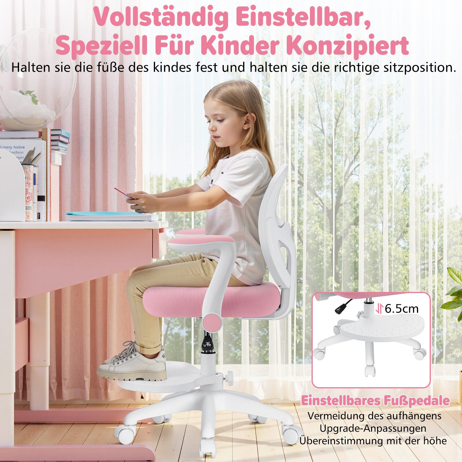 Insma Drehstuhl Kinder Schreibtischstuhl ergonomisch höhenverstellbar (mit klappbaren Armlehnen, Fußstütze und 5 feststellbarer Rollen), von 3-12 Jahre, Maximale Tragfähigkeit 158kg