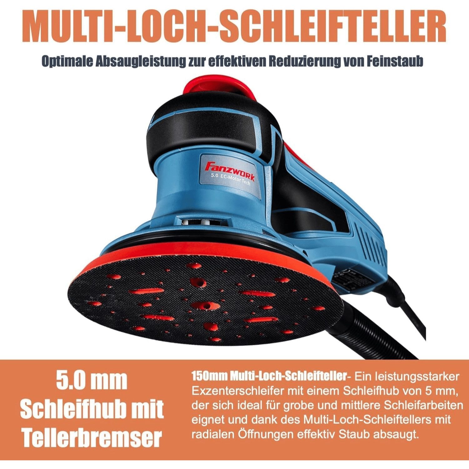Fanzwork Exzenterschleifer 350W bürstenlosen Motor mit 125mm/150mm Schleifteller, 5mm Schleifhub, Vibrationsarm und wartungsfrei