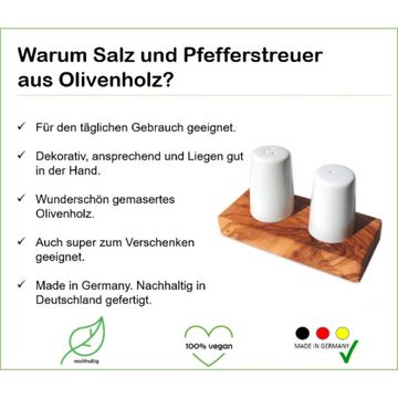 Olivenholz-erleben Salz- / Pfefferstreuer Salz- und Pfefferstreuer ALBERT als Set auf Olivenholz-Sockel, (1x Salz und 1x Pfefferstreuer und Sockel, 3-tlg), antibakterielle Wirkung