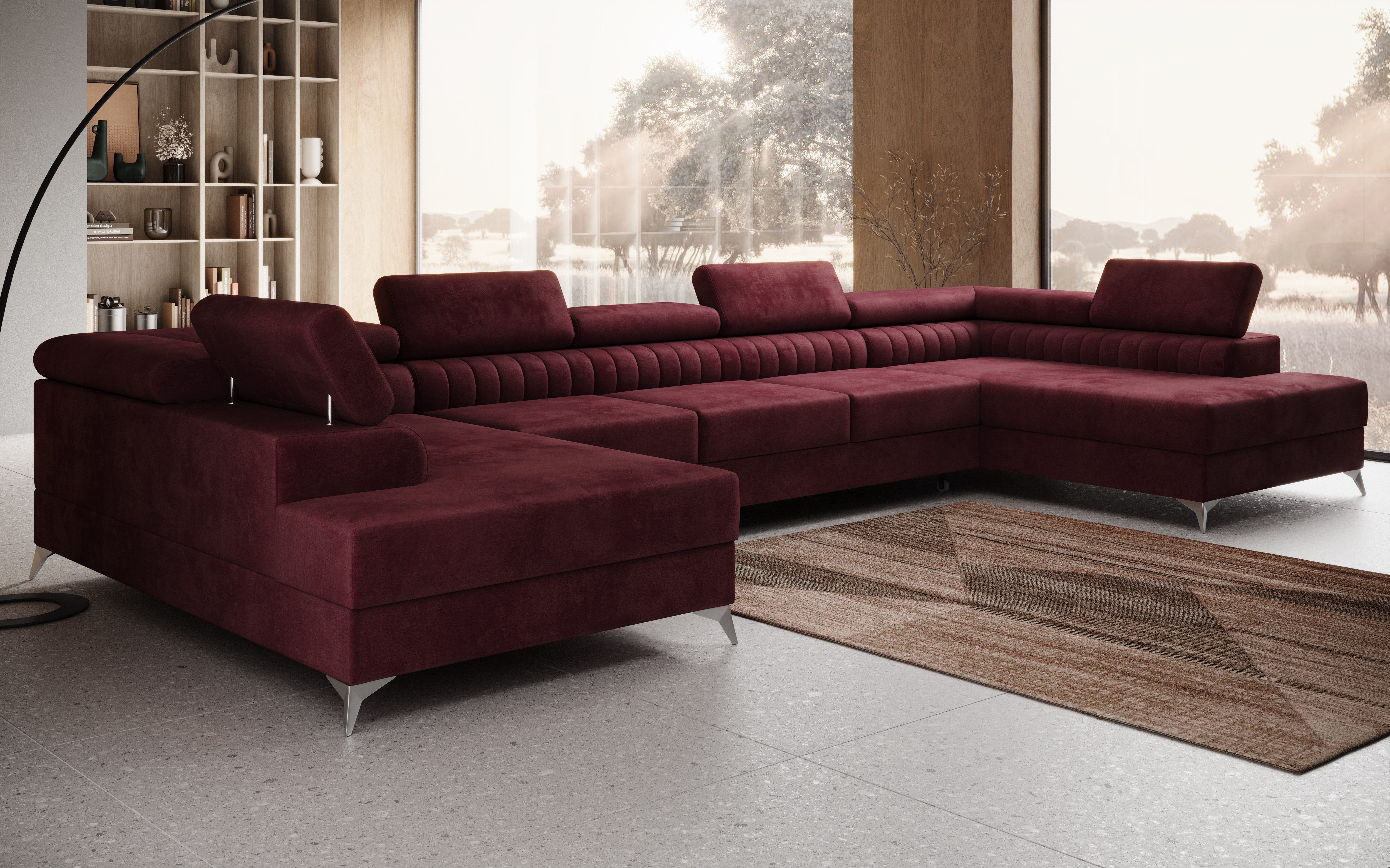thematys Ecksofa FERMO 403 x 203cm mit Schlaffunktion & Bettkasten –, U-Sofa mit verstellbaren Kopfstützen, Samt (Monolotith), oder Bouclé (Quelle), - U-Form, XL-Wohnlandschaft, 390 cm breit