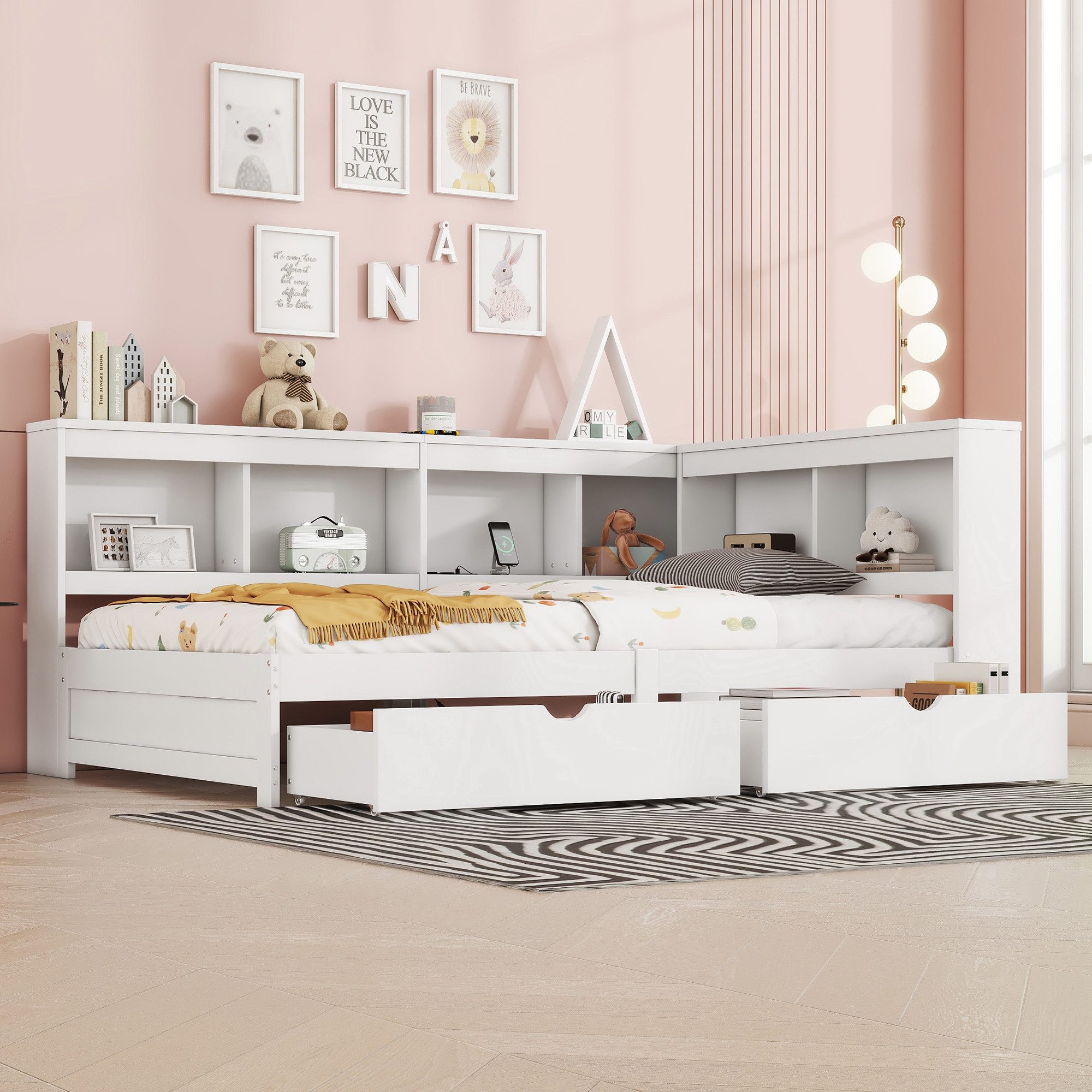 Flieks Kinderbett, Kinderbett 90x200cm mit 2 Schubladen, Ablagefächer und L günstig online kaufen