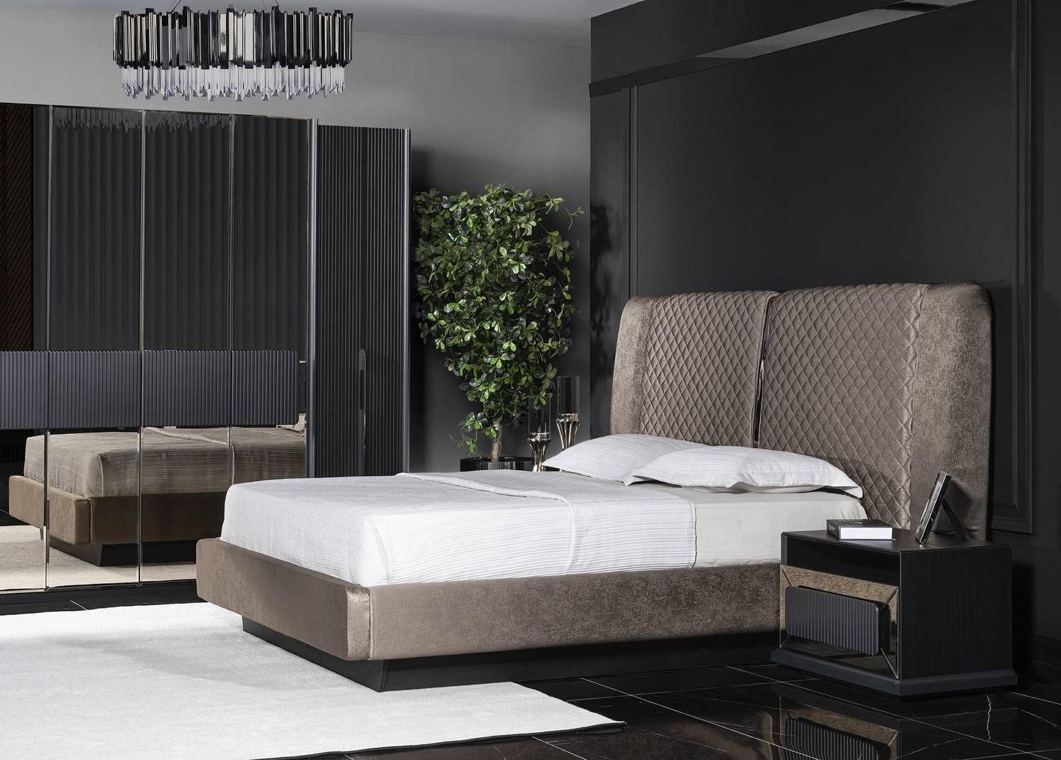JVmoebel Schlafzimmer-Set Elegantes graues Holz Schlafzimmer-Set mit Bett und Nachttischen, (3-tlg., Bett, 2x Nachttische), Made in Europe