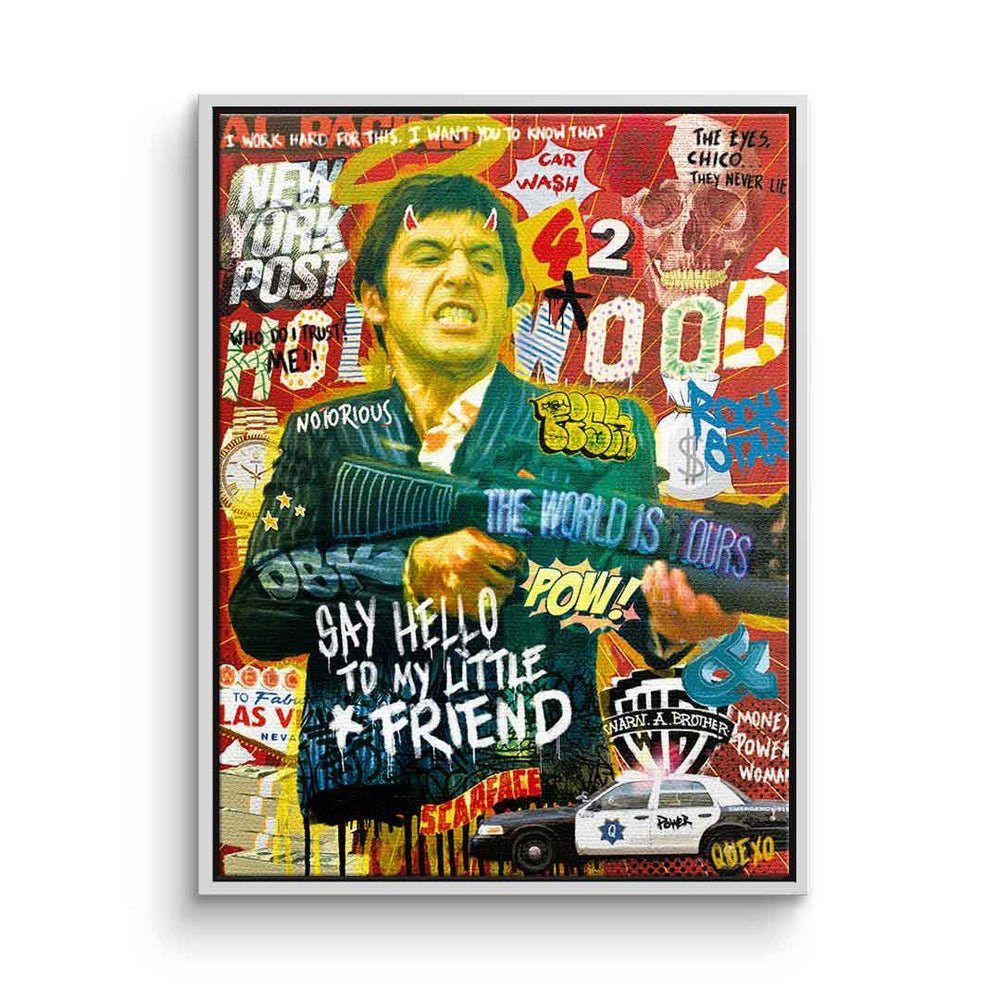 DOTCOMCANVAS® Leinwandbild, Leinwandbild Scarface Say hello Pop Art collage Al Pacino Tony Montana weißer Rahmen