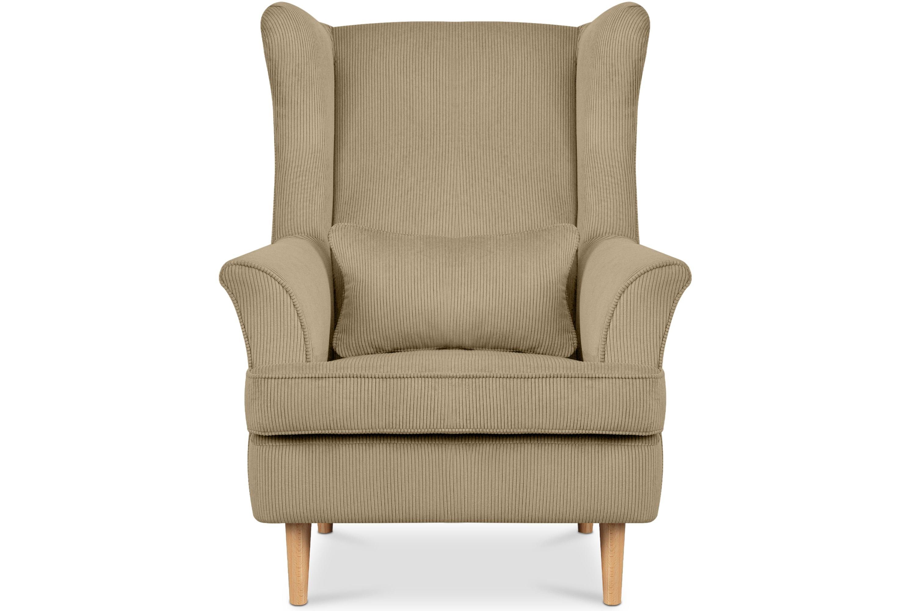 Konsimo Ohrensessel STRALIS Sessel, zeitloses Füße, hohe Kissen Design, inklusive dekorativem