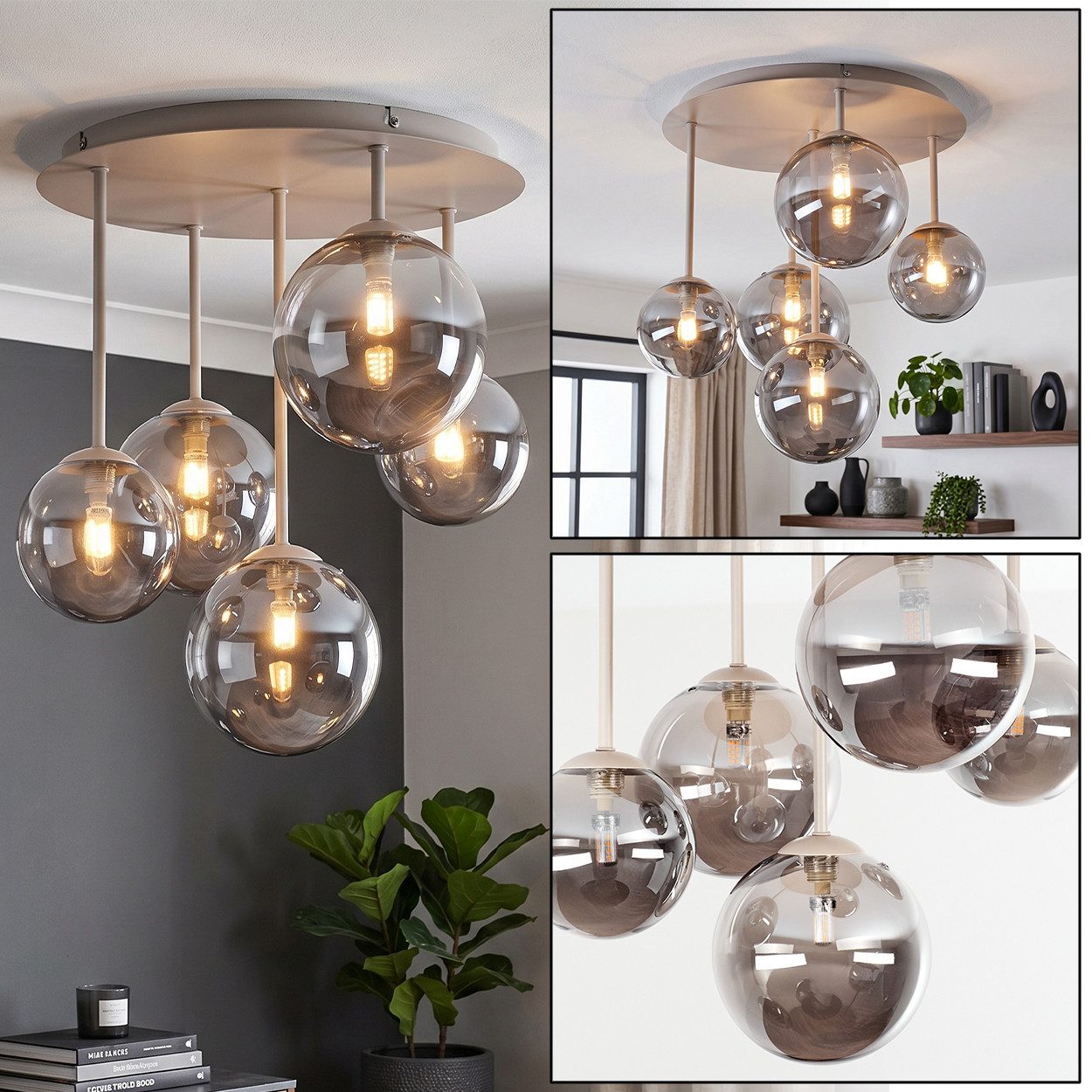hofstein Deckenleuchte Deckenlampe aus Metall/Glas in Sandfarben/Weiß/Rauchfarben, moderne Deckenleuchte im Retro/Vintage-Design, 5 x G9
