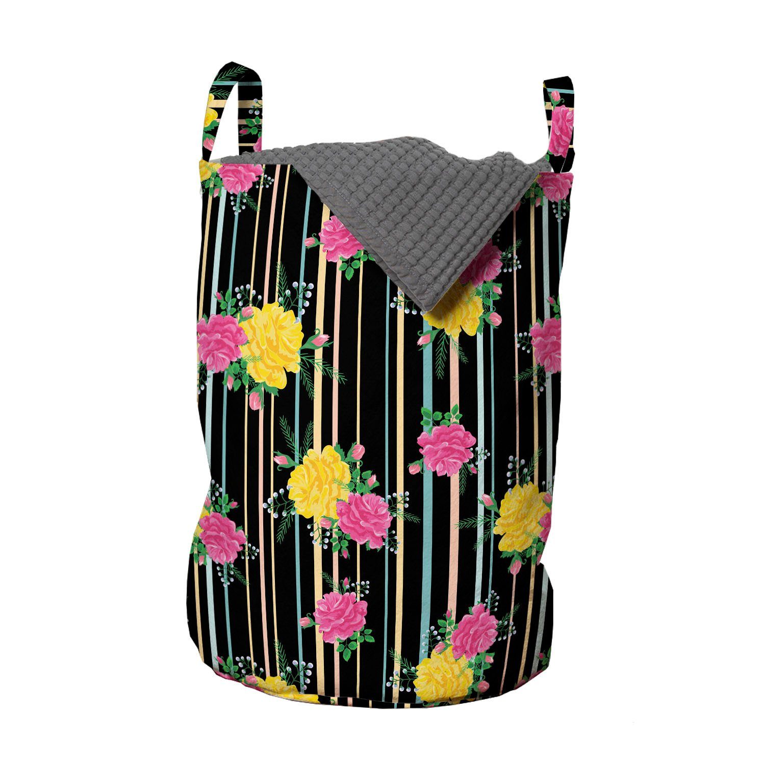 Abakuhaus Wäschesäckchen Wäschekorb mit Griffen Kordelzugverschluss für Waschsalons, Blumen Rosen auf vertikale Streifen