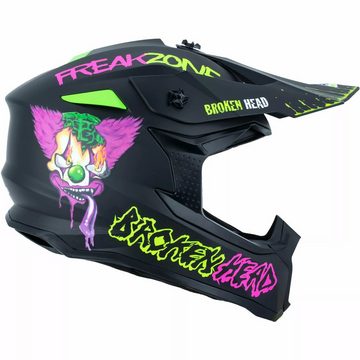 Broken Head Motocrosshelm Freakzone Schwarz-Pink-Grün + MX-Brille Pink (Mit MX-Brille), Mit verrücktem Clown-Design